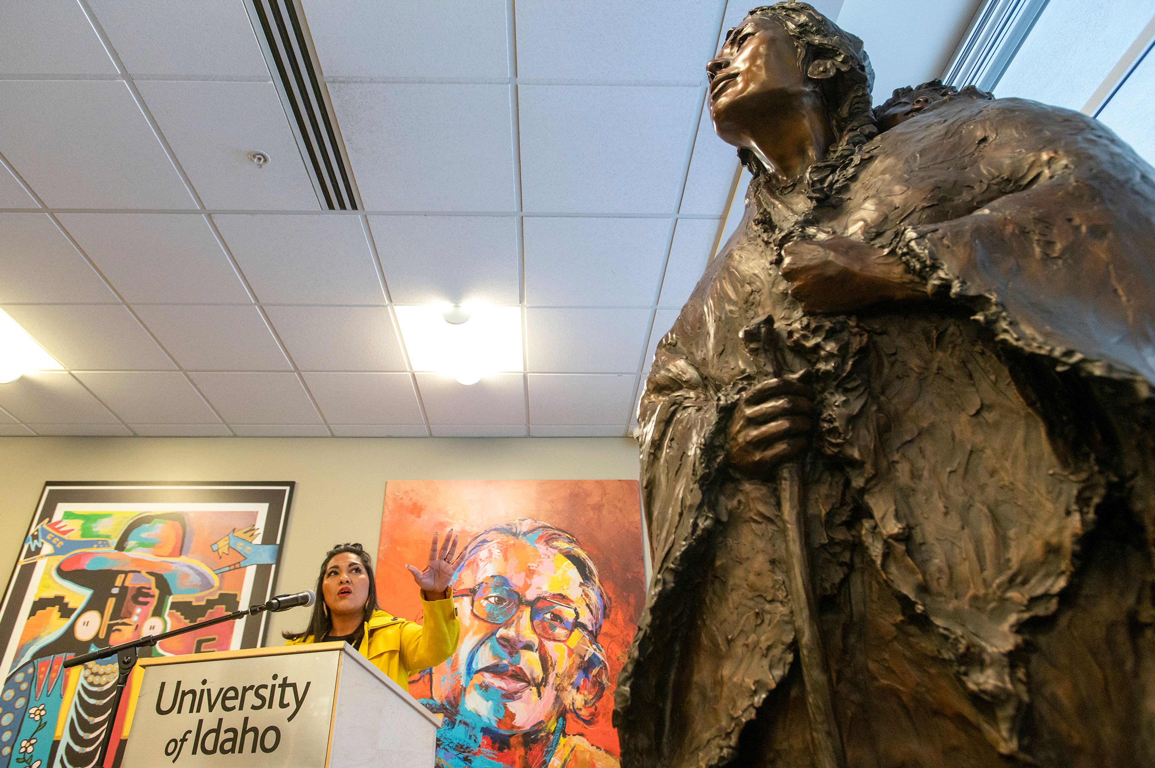 Shoshone-Bannock Tribe member, Randy’L Teton, speaks at the University of Idaho during a dedication for the sculpture, “Sacagawea and Jean Baptiste,” inside Bruce M. Pitman Center’s Tribal Lounge in Moscow on Friday. This depiction of Sacajawea was modeled after Teton.