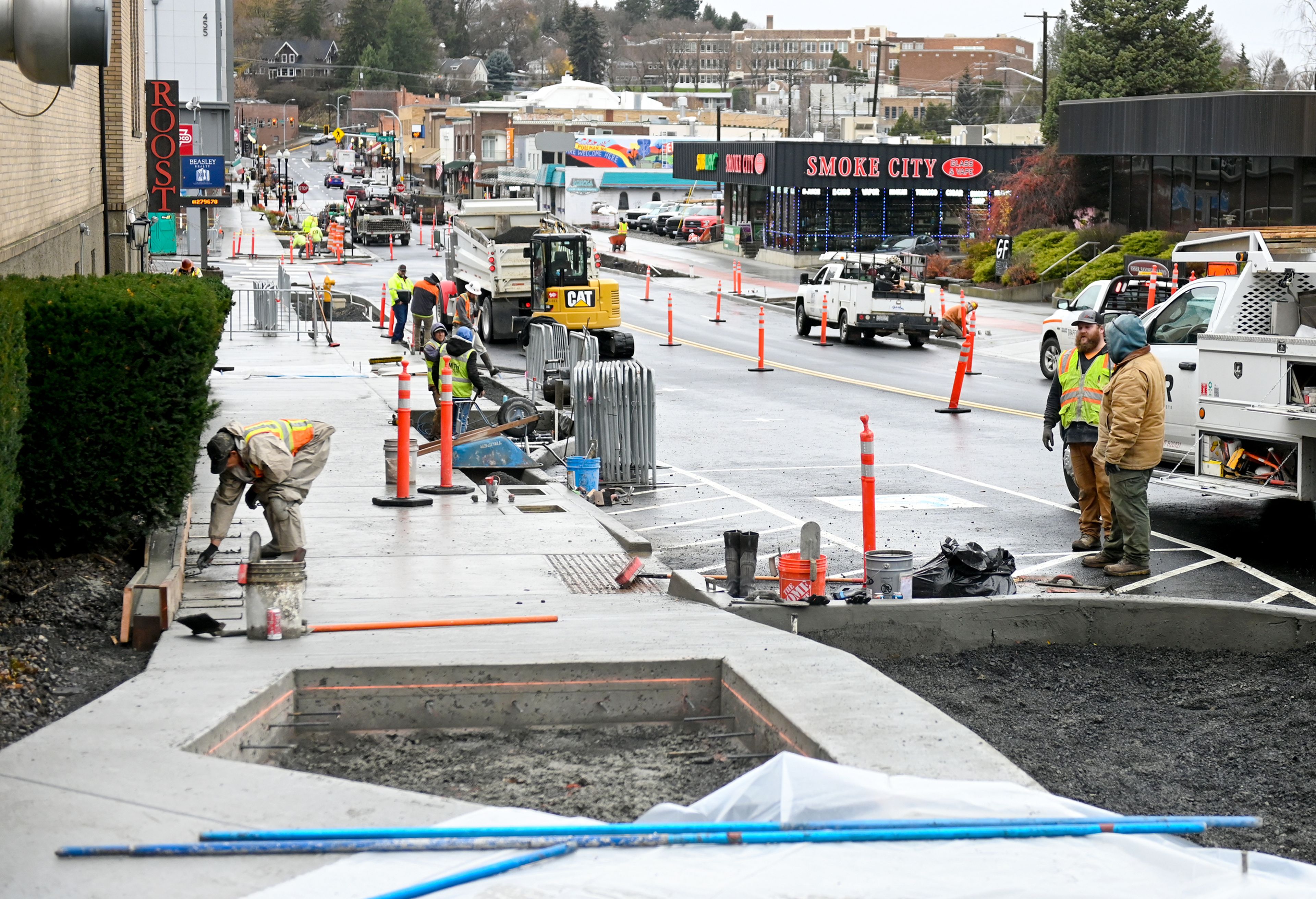 Construction continues along Main Street in downtown Pullman Thursday, which was previously estimated as the last day of work on the project.