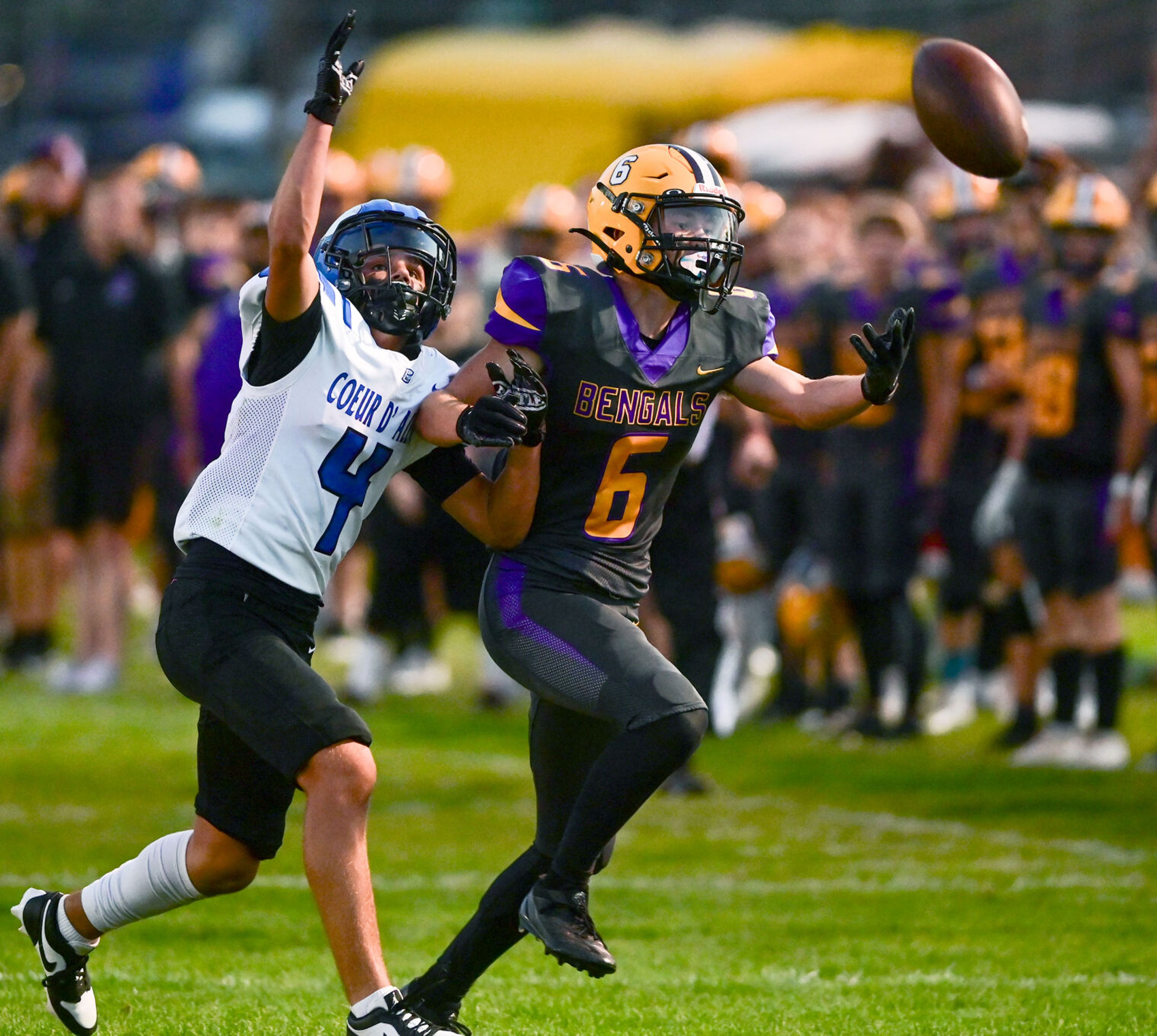 Lewiston wide receiver Nathan King reaches for a pass during a game against Coeur d’Alene on Thursday in Lewiston.