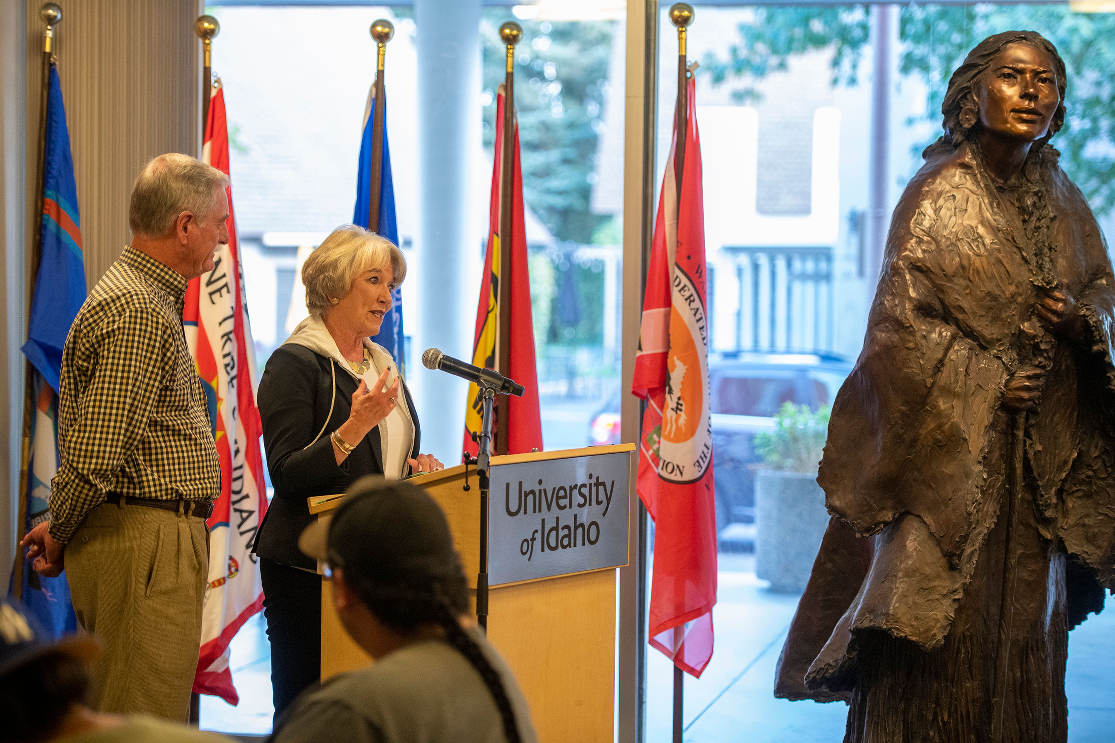 Vandal alumnae Rich and Sharon Allen speak at the University of Idaho during a dedication for the sculpture, “Sacagawea and Jean Baptiste,” inside Bruce M. Pitman Center’s Tribal Lounge in Moscow on Friday. The Allen’s gifted the sculpture to the university.