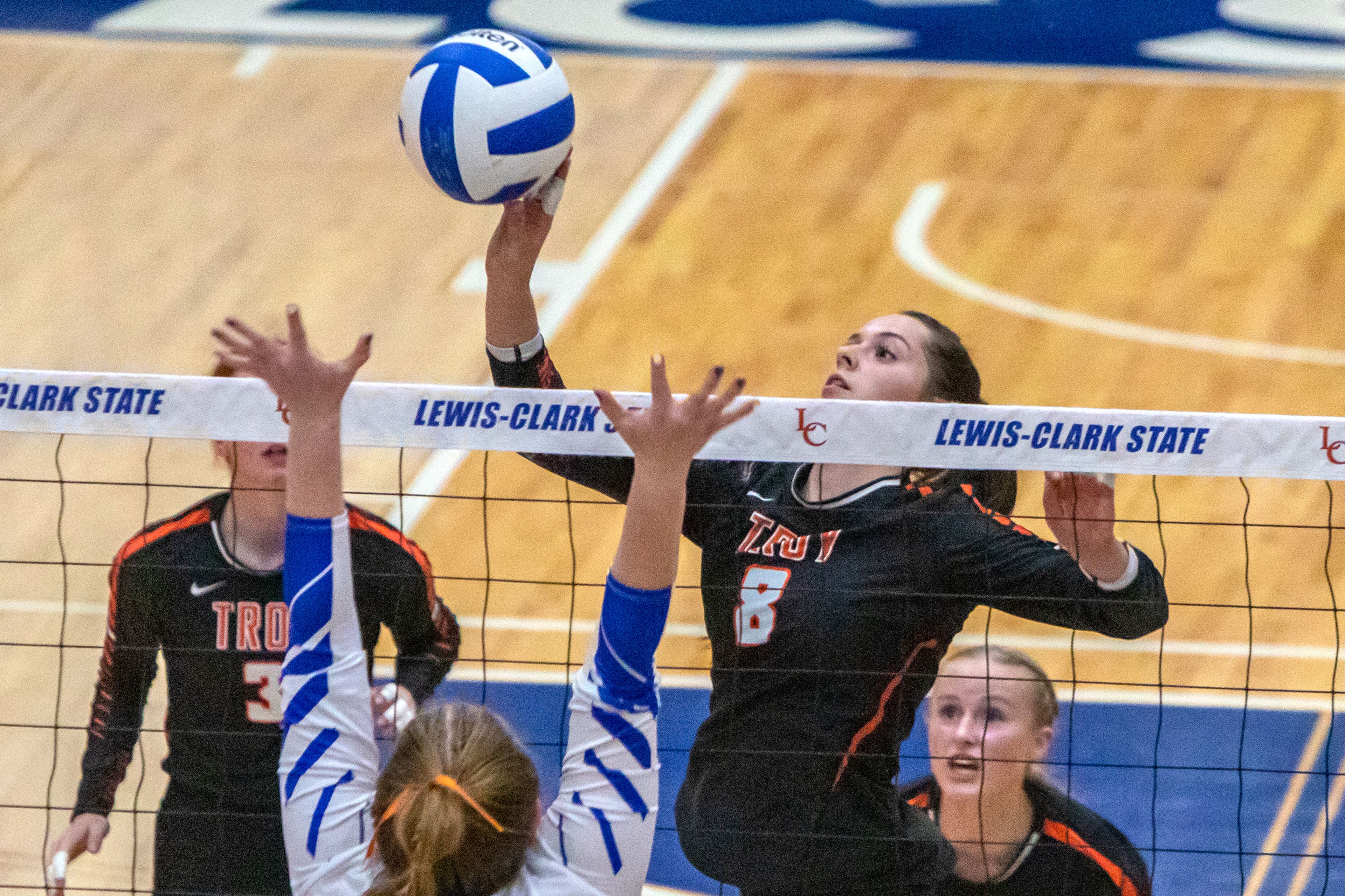 Troy High outside hitter Jolee Ecklund lobs to Genesee High during the Idaho Class 1A Division I district volleyball tournament championship Oct. 19 at the P1FCU Activity Center in Lewiston.