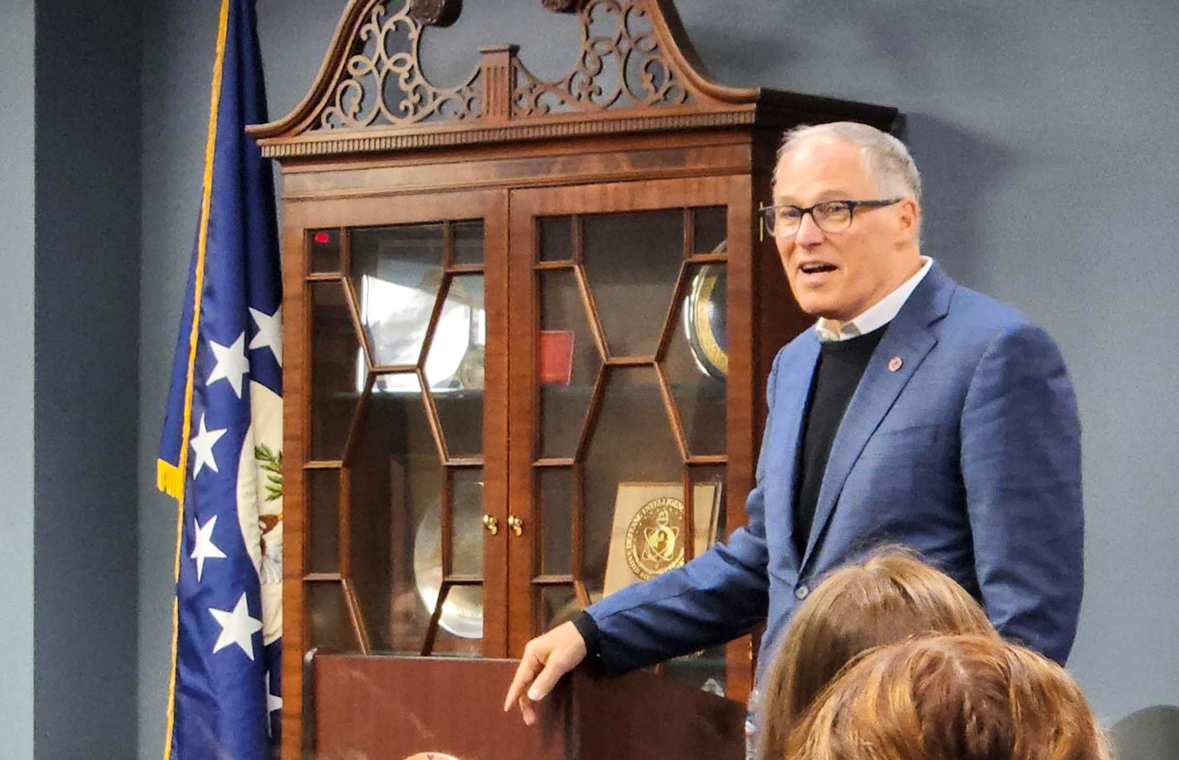 Washington Gov. Jay Inslee speaks to Washington State University students Friday at The Foley Institute on the Pullman campus.