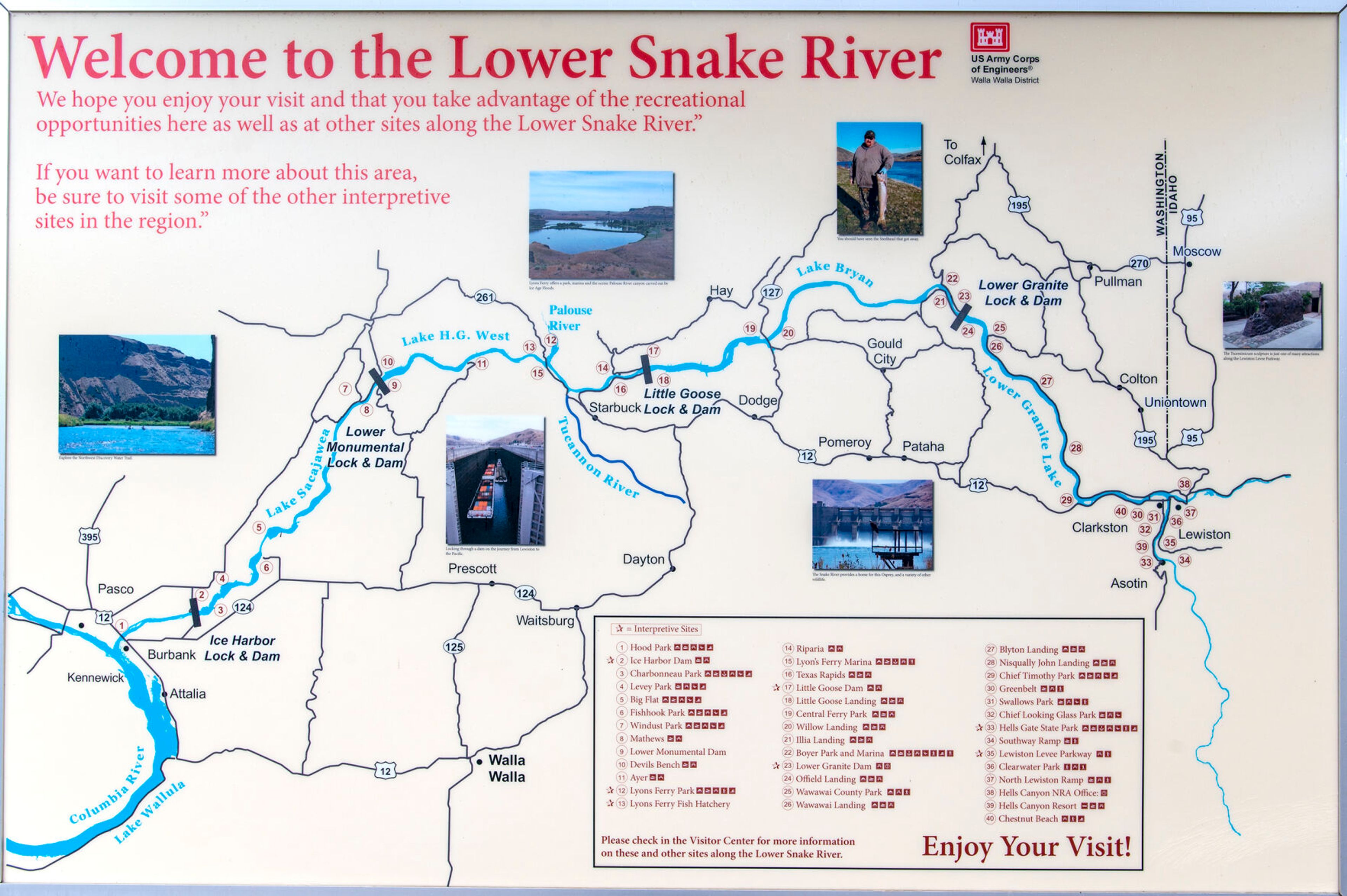 A map of the lower Snake River is displayed for visitors at Lower Granite Dam at Almota. A coalition of environmental groups has announced it plans to ask a federal judge to order the breaching of the four dams on the lower Snake River in an effort to save endangered sockeye salmon.