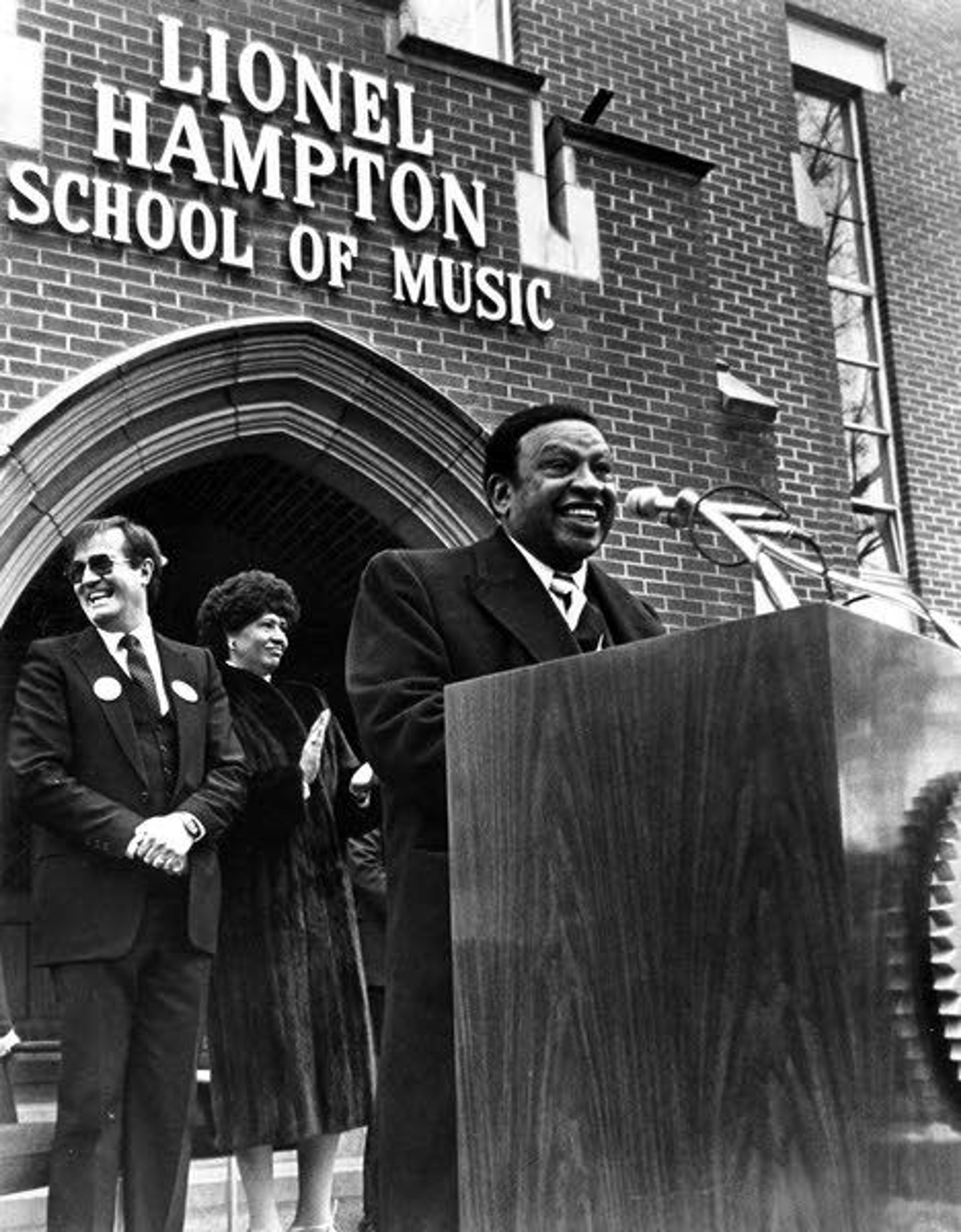 Just two years after renaming the festival, the University of Idaho named its School of Music after the legendary performer, the only school or college at a university in the U.S. named in honor of a jazz musician. At the University of Idaho Lionel Hampton School of Music dedication in 1987 were, from left, Lynn Skinner, Lynn St. James and Lionel Hampton.