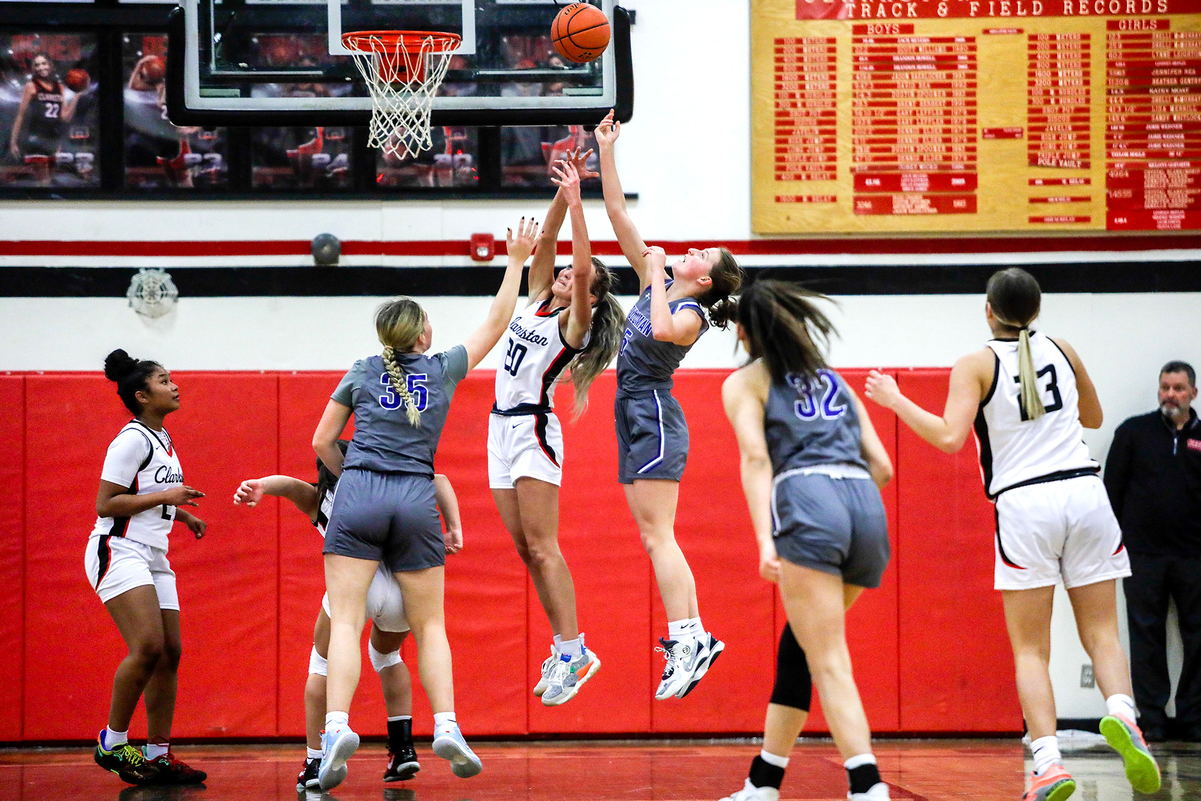 Clarkston post Eloise Teasley and Pullman post Sophie Armstrong leap up after a rebound in a quarter of a Class 2A Greater Spokane League game Tuesday at Clarkston.