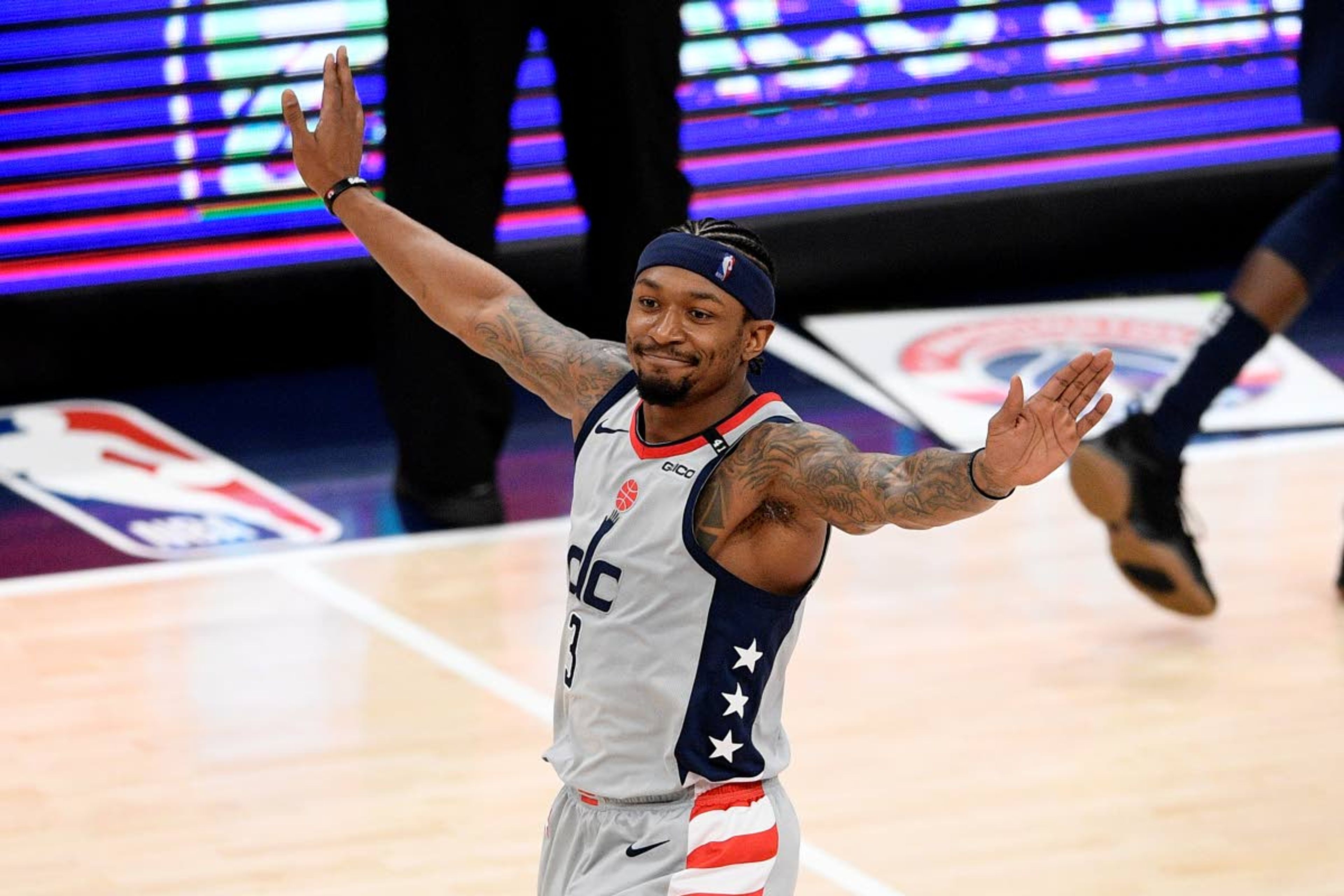 Washington Wizards guard Bradley Beal (3) reacts after he made a 3-point basket during the second half of the team's NBA basketball Eastern Conference play-in game against the Indiana Pacers, Thursday, May 20, 2021, in Washington. (AP Photo/Nick Wass)