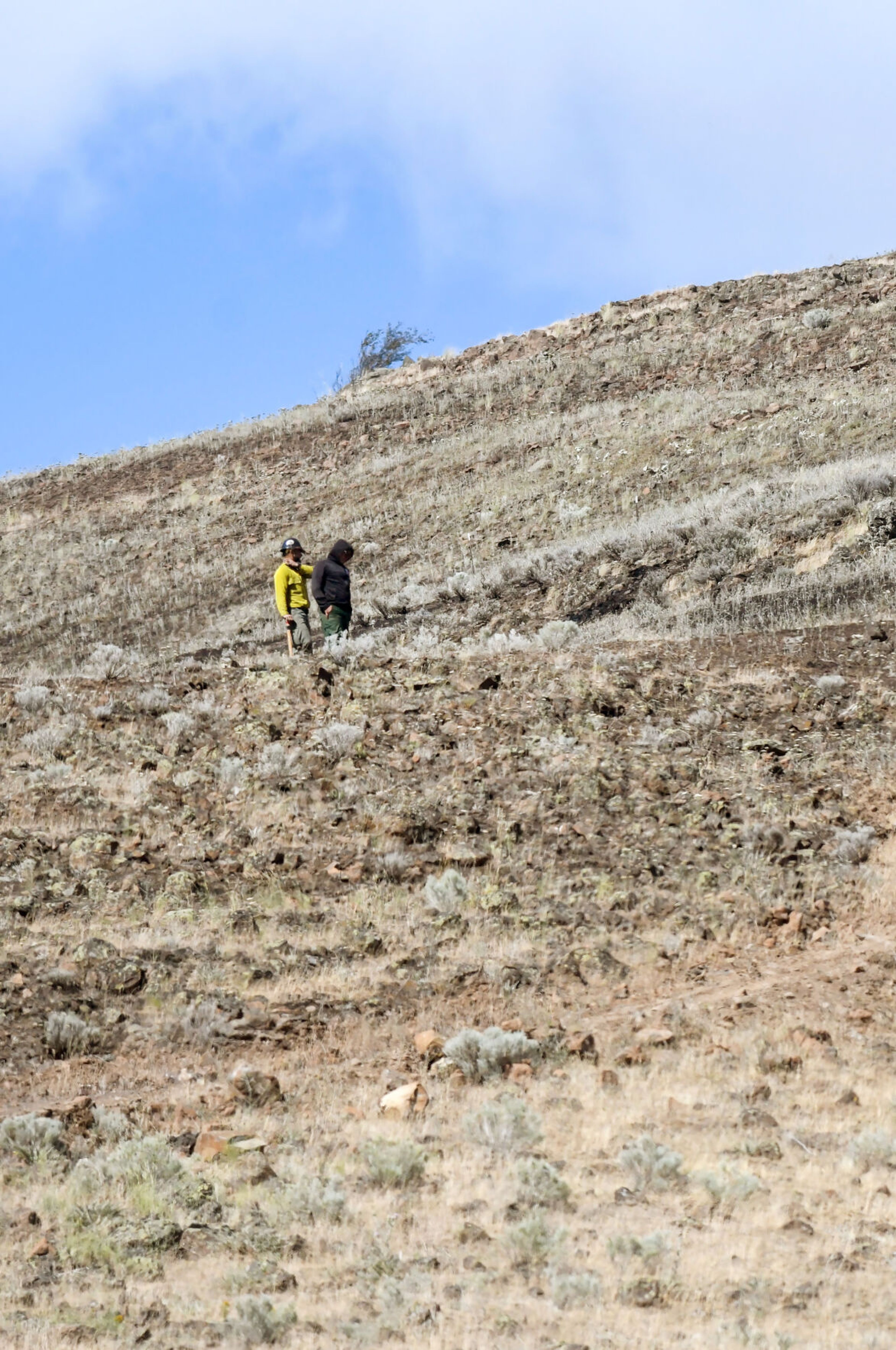 Members of the Vale Hotshot Crew check for hot spots along a fire line dozed to help control the wildfire between Nisqually John Landing and Steptoe Canyon.