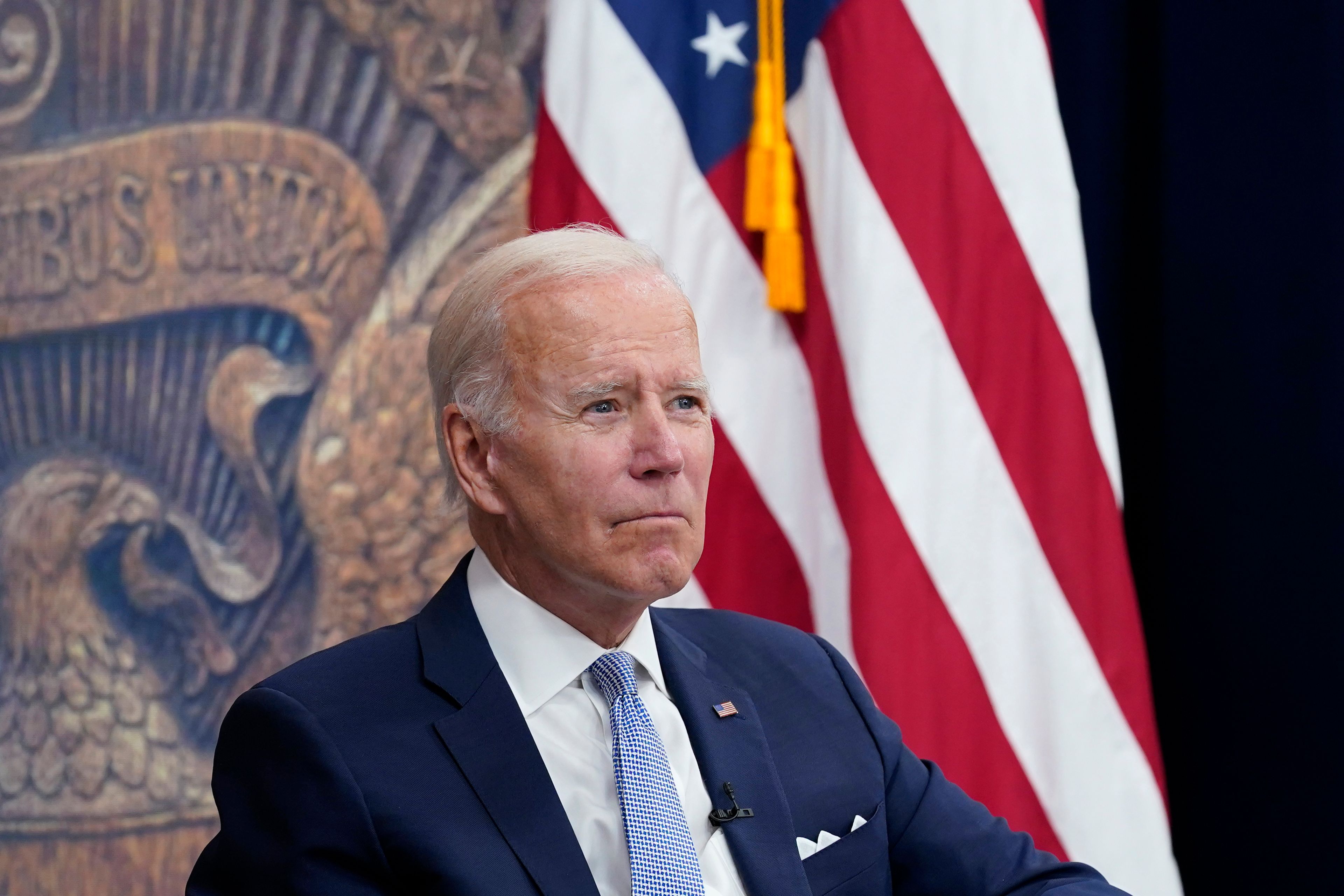 President Joe Biden listens during a meeting with CEOs in the South Court Auditorium on the White House complex in Washington, Thursday, July 28, 2022. Biden was updated on economic conditions across key sectors and industries. (AP Photo/Susan Walsh)