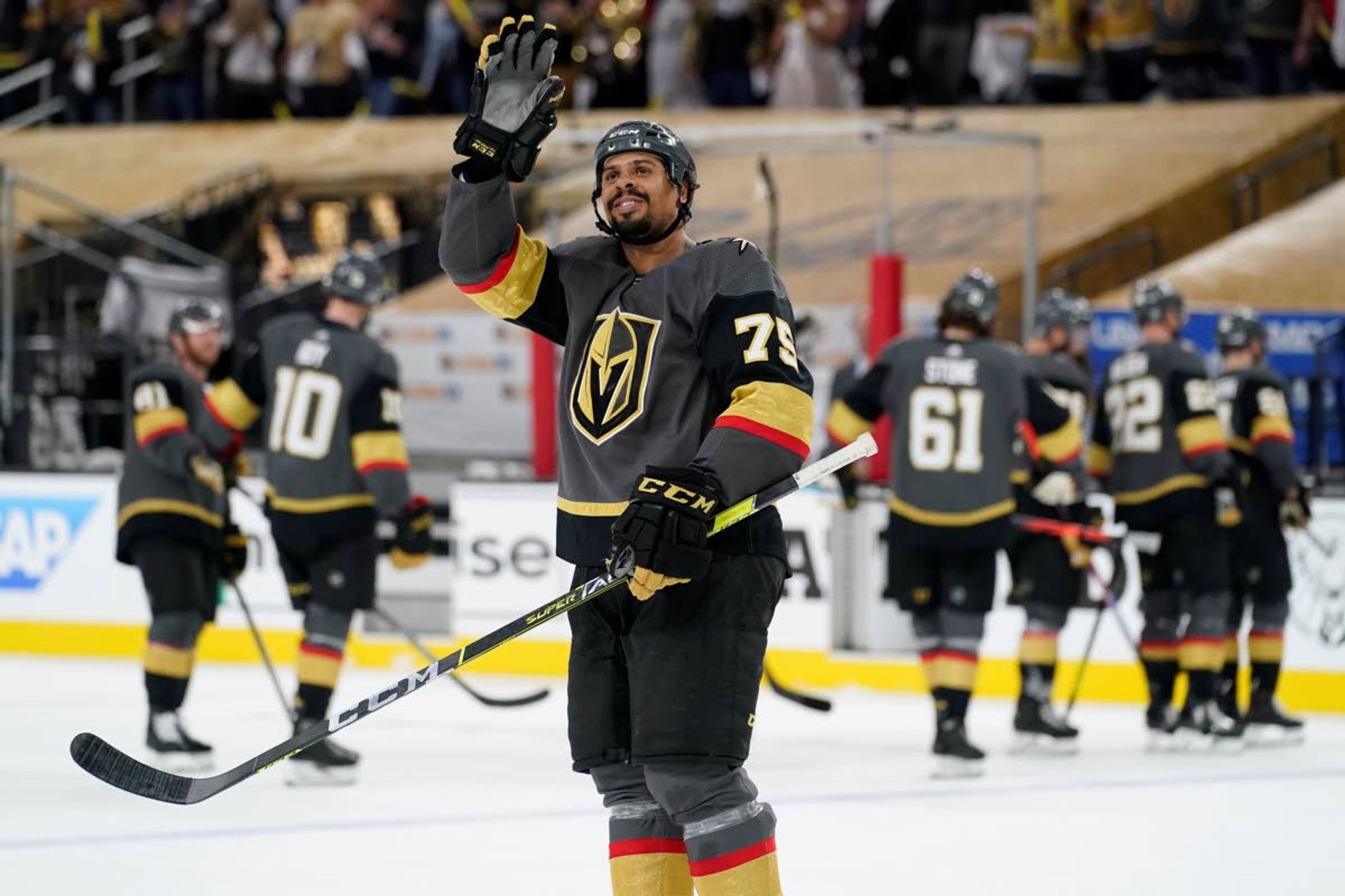 Knights right wing Ryan Reaves celebrates after Vegas defeated Montreal on Monday in Vegas.