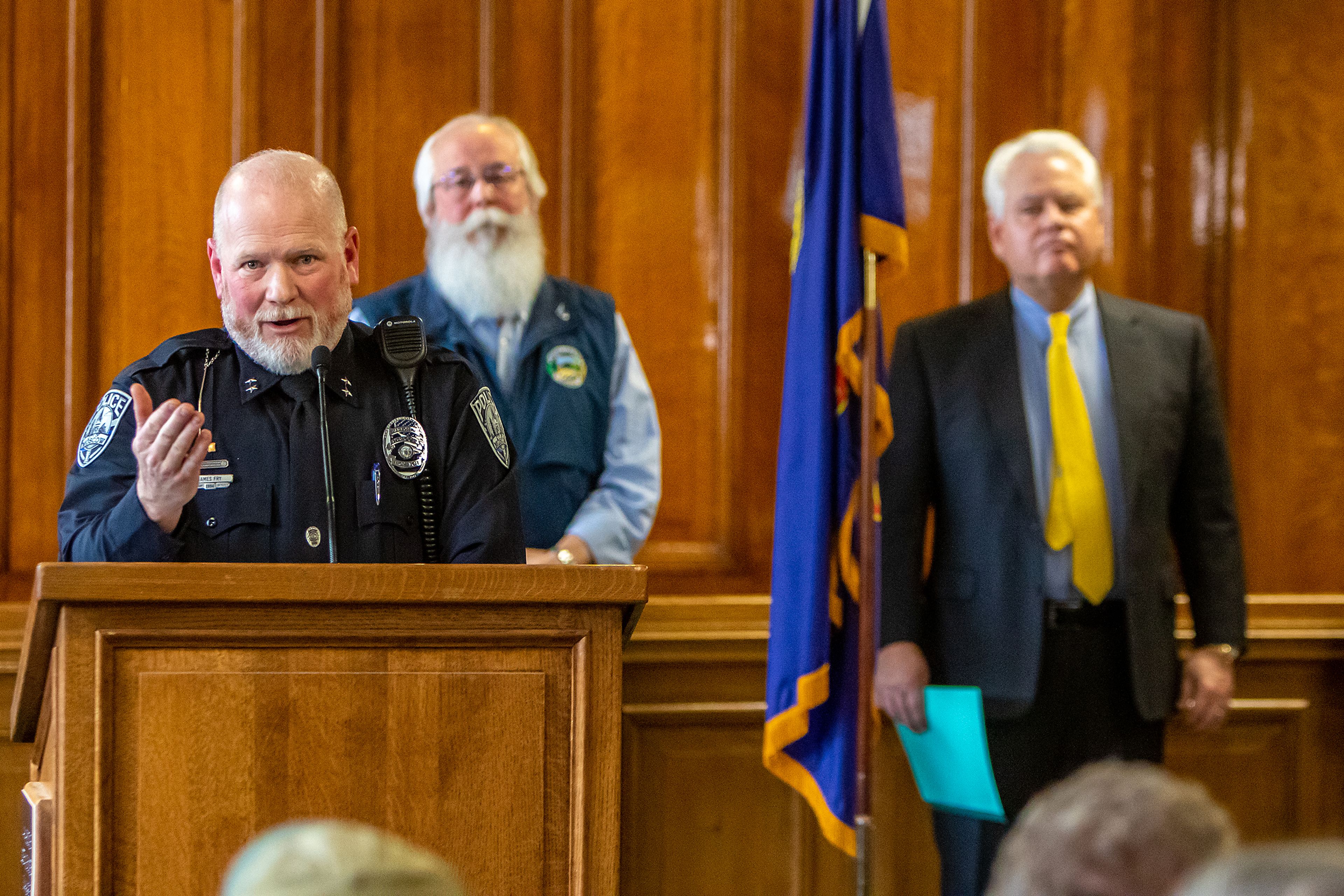 Moscow Police Department Chief James Fry answer questions from reporters regarding the arrest of Bryan C. Kohberger during a press conference on Friday, Dec. 30, 2022, at City Hall in Moscow, Idaho. Kohberger was arrested Friday in Effort, Pa. on first degree murder charges.