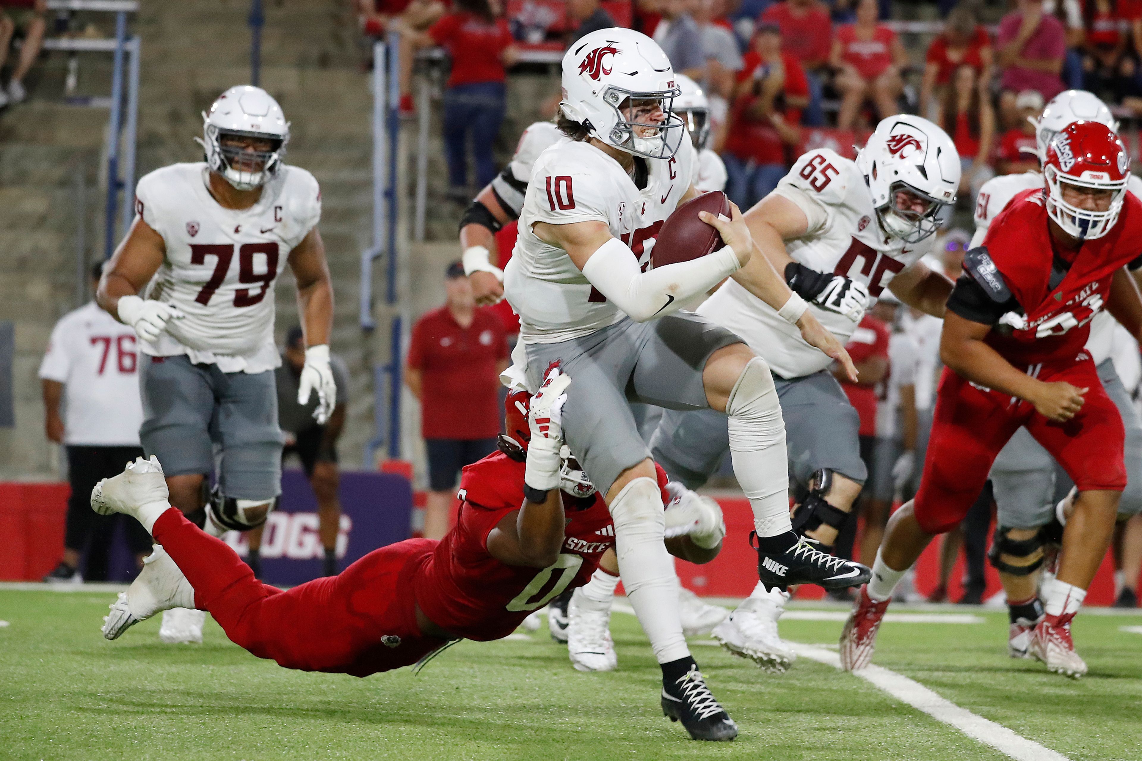 Washington State quarterback John Mateer tries to get away from Fresno State defensive lineman Korey Foreman during the second half of an NCAA college football game in Fresno, Calif., Saturday, Oct. 12, 2024. (AP Photo/Gary Kazanjian)