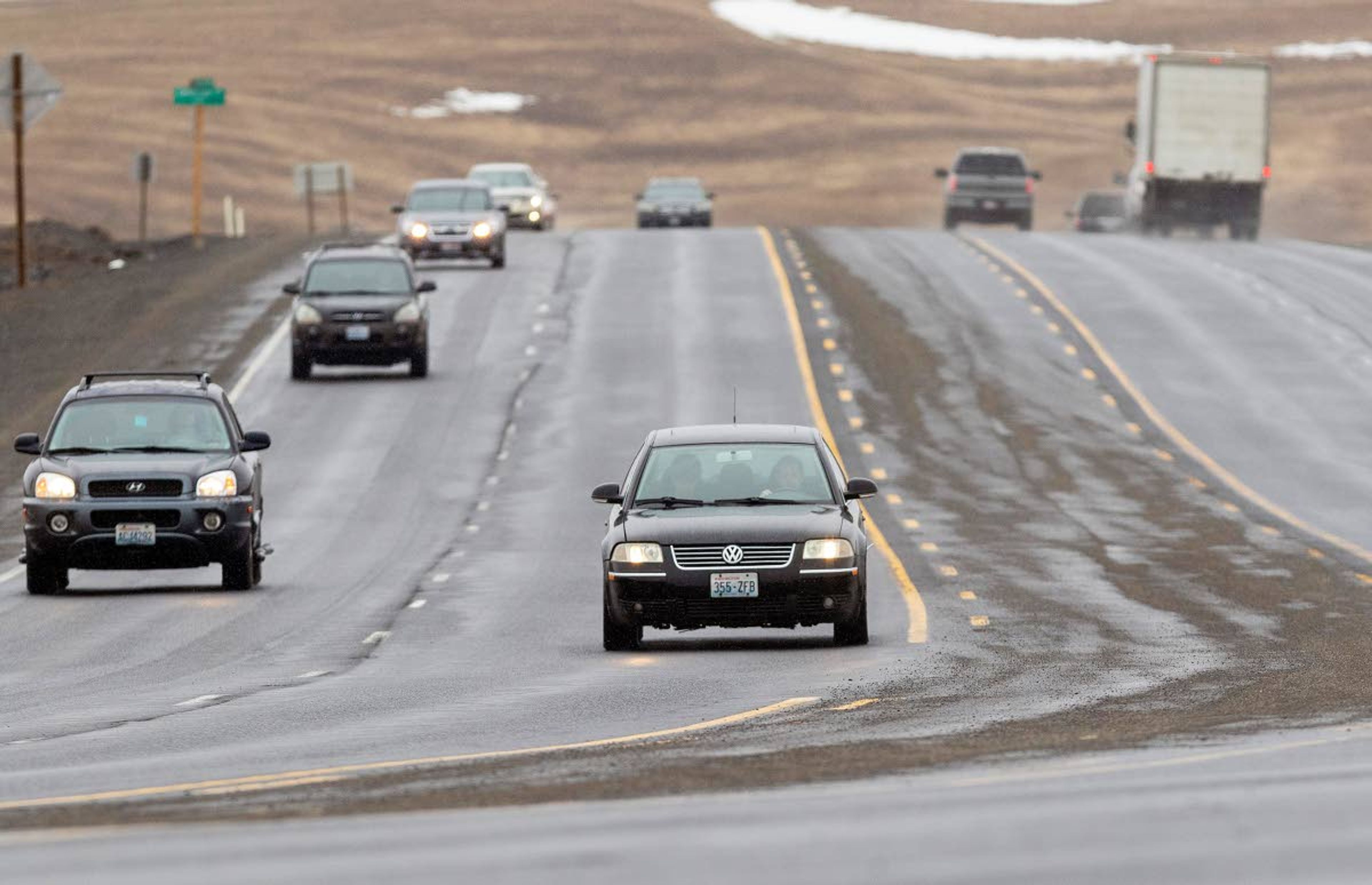 Cars drive on Highway 270 on Wednesday between Pullman and Moscow. The Pullman Police Department is reminding motorists to drive in the right lane except when passing another vehicle.