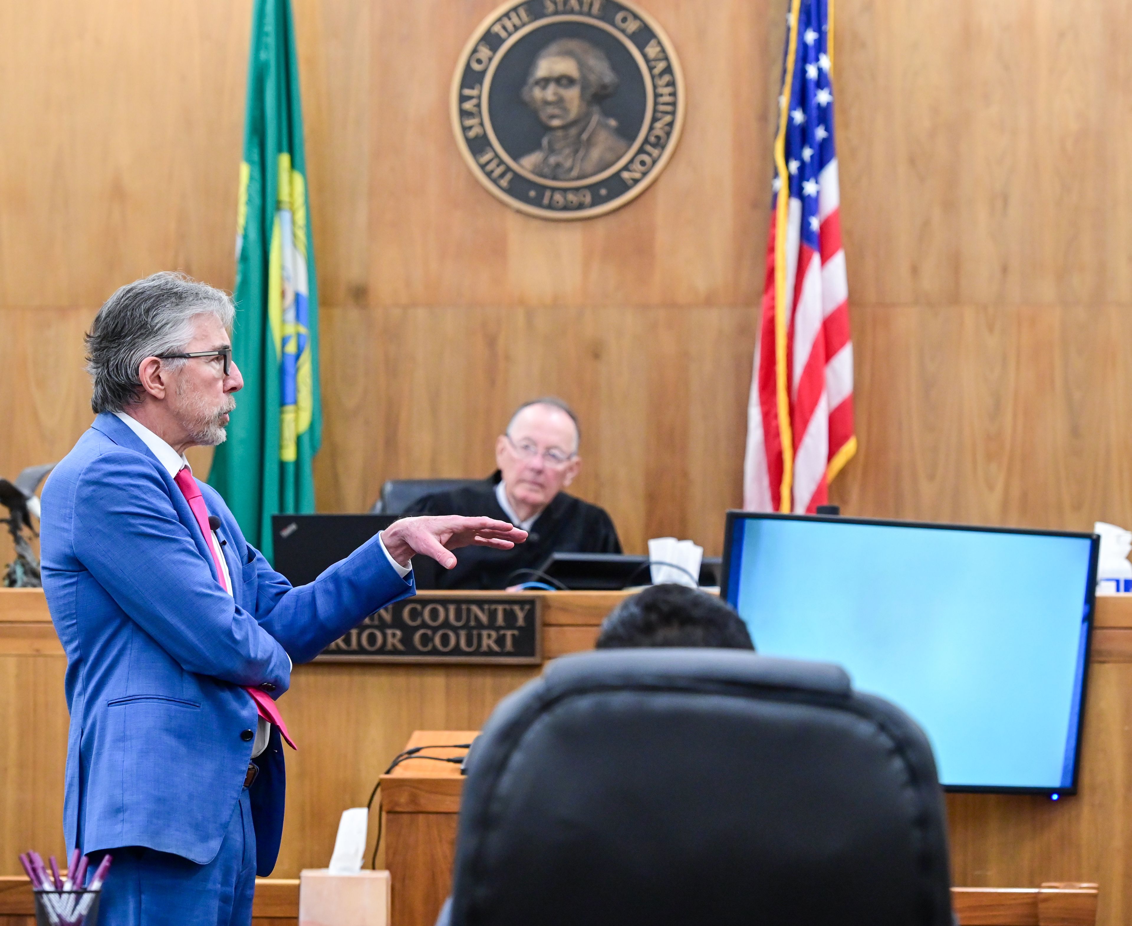 Defense attorney Steve Martonick, left, gives closing statements in the trial for Juan Trejo Perez, who was found guilty of molesting a teenage boy in Pullman, at the courthouse in Colfax on Wednesday.