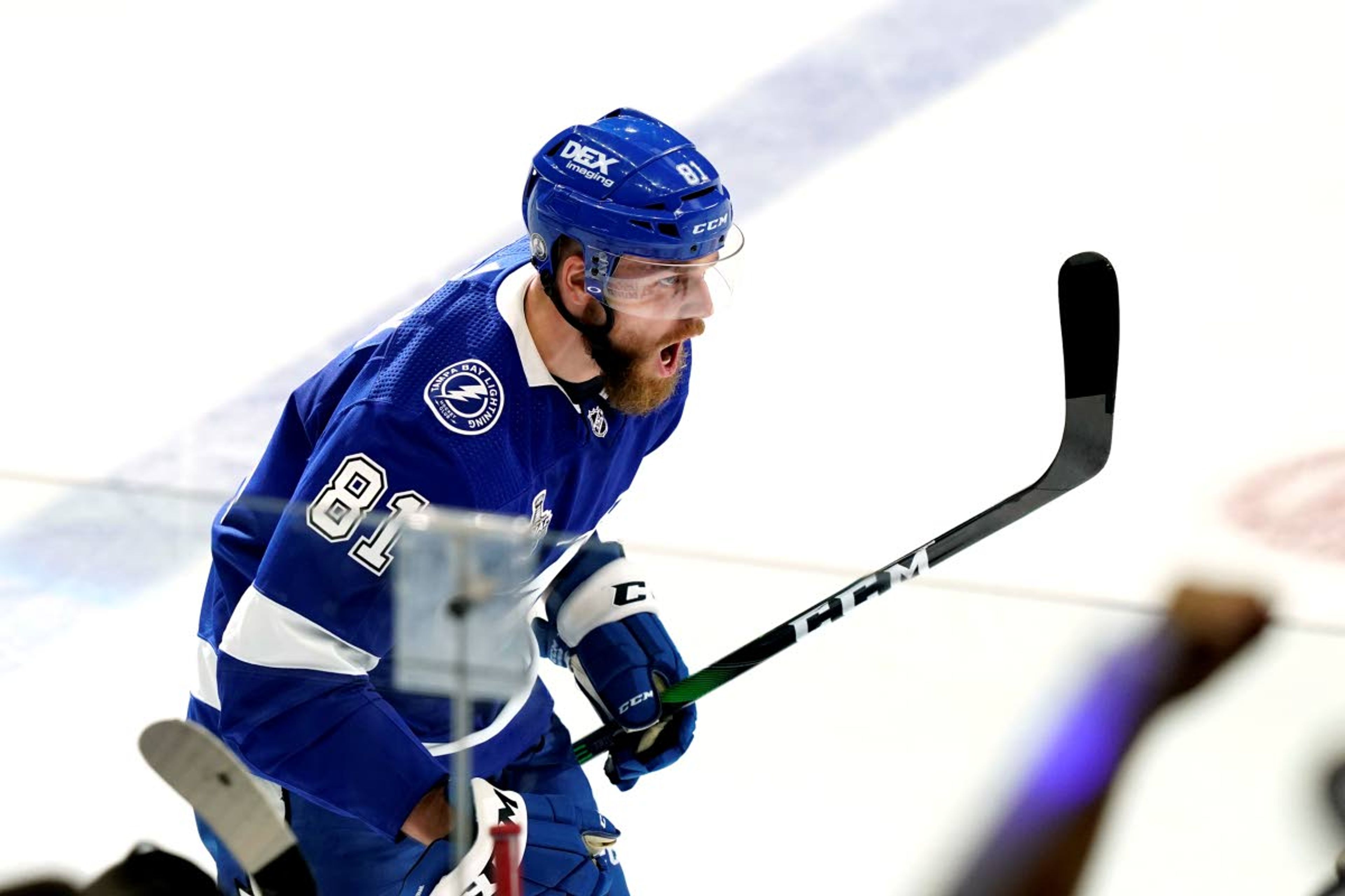 Tampa Bay Lightning defenseman Erik Cernak skates down the ice after scoring a goal on Montreal Canadiens goaltender Carey Price during the first period in Game 1 of the NHL hockey Stanley Cup finals, Monday, June 28, 2021, in Tampa, Fla. (AP Photo/Gerry Broome)