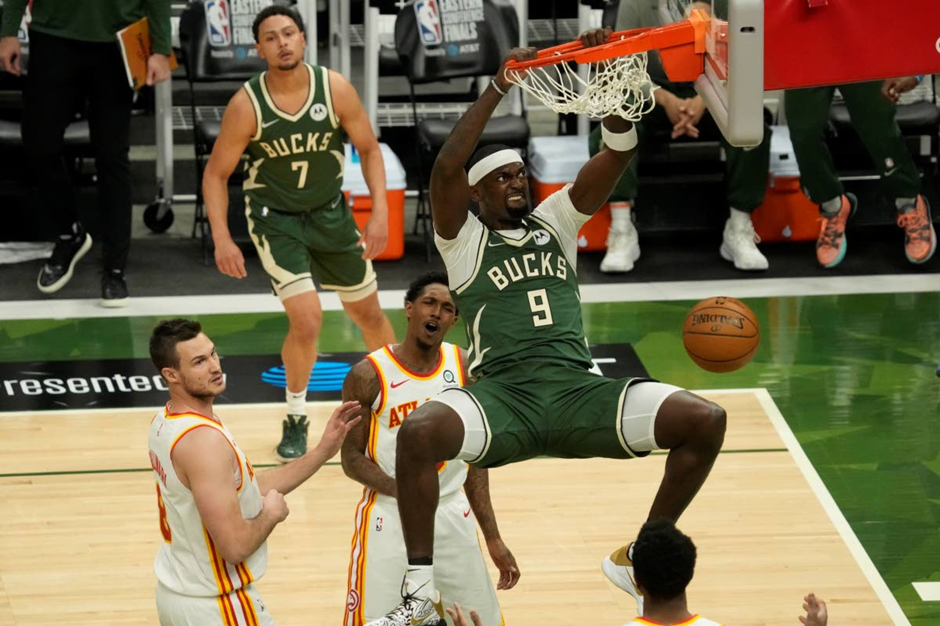 Milwaukee Bucks' Bobby Portis dunks during the first half of Game 1 of the NBA Eastern Conference basketball finals game against the Atlanta Hawks Wednesday, June 23, 2021, in Milwaukee. (AP Photo/Morry Gash)