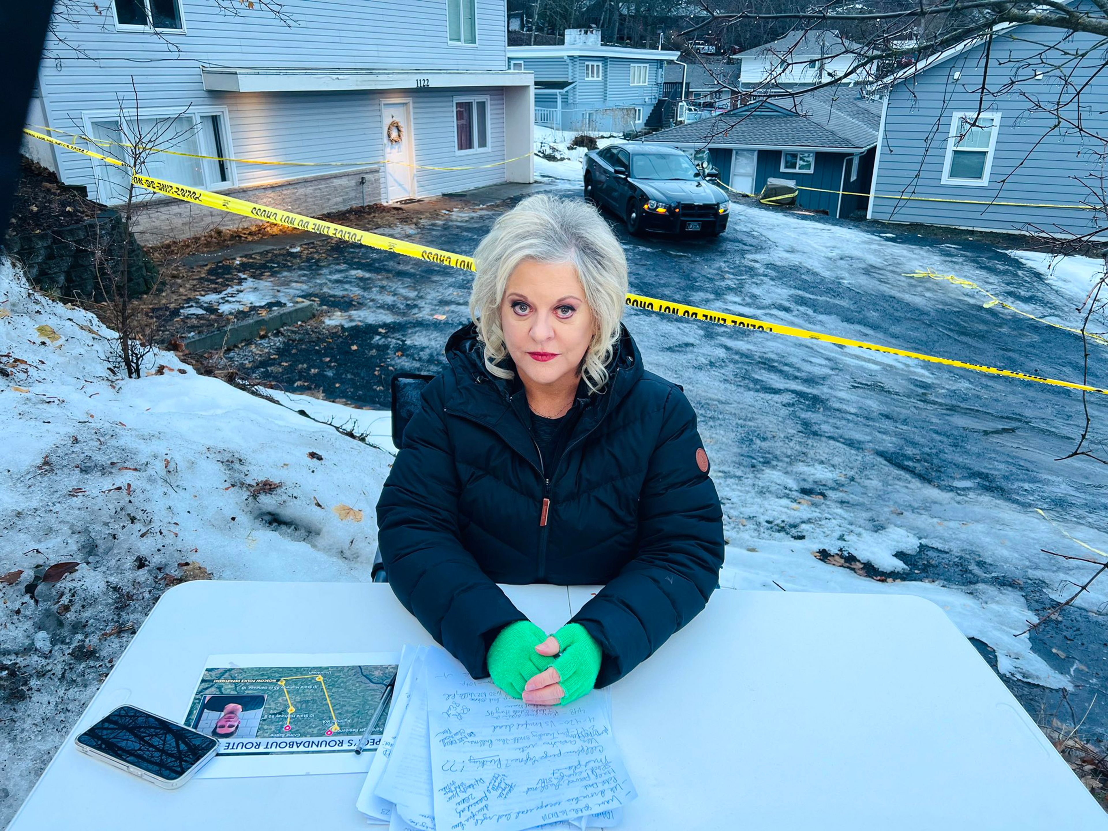 TV host Nancy Grace prepares for her Fox Nation program last week near the residence in Moscow where four University of Idaho students were murdered Nov. 13. Grace's Twitter account posted this photo Wednesday.