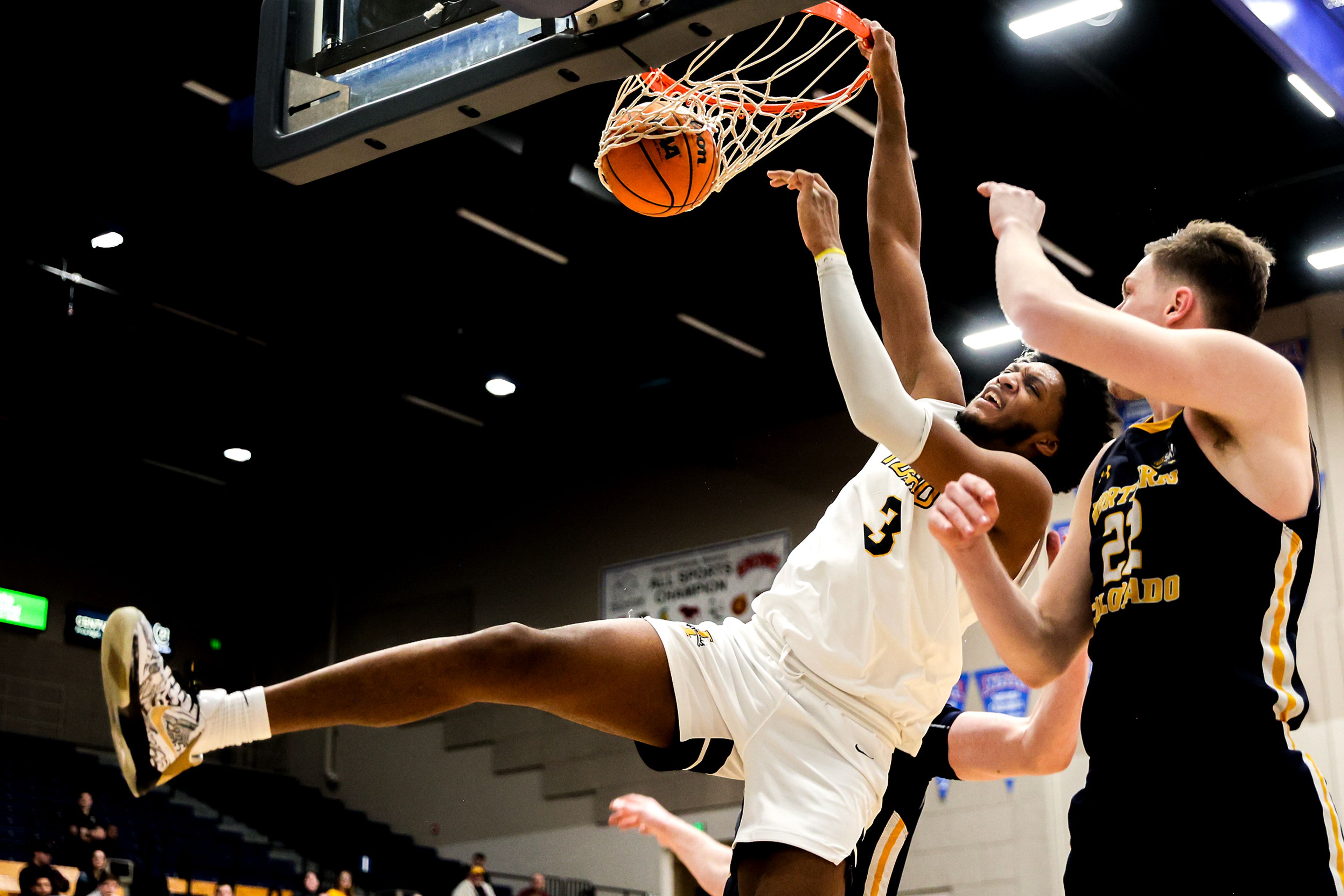 Idaho forward/center Isaac Jones dunks the ball against Northern Colorado in a Big Sky game at the P1FCU Activity Center on the Lewis-Clark State College campus Thursday in Lewiston.