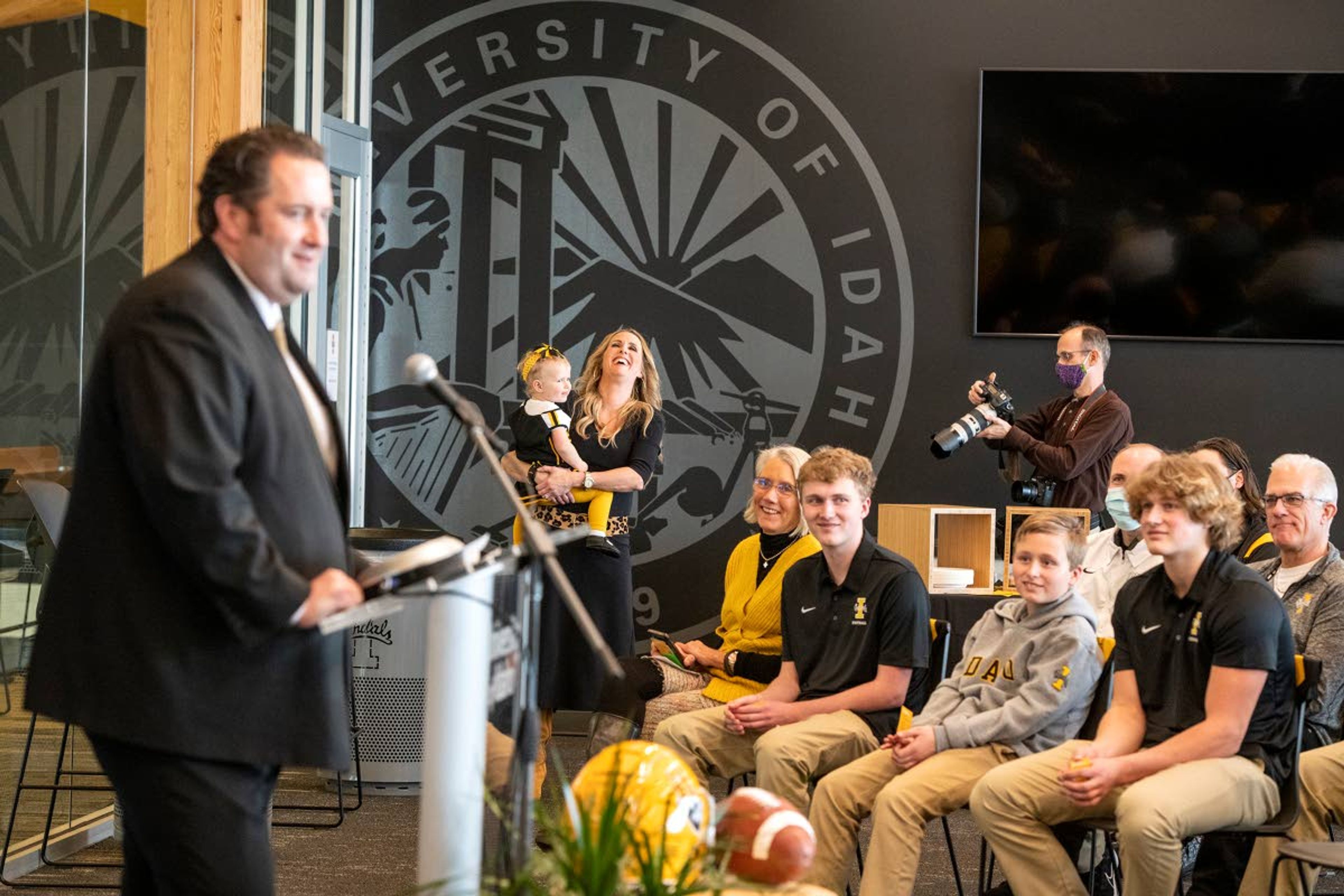 With family in attendance, University of Idaho’s new head football coach Jason Eck speaks to a crowd during his introductory news conference Dec. 20 at Idaho Central Credit Union Arena.