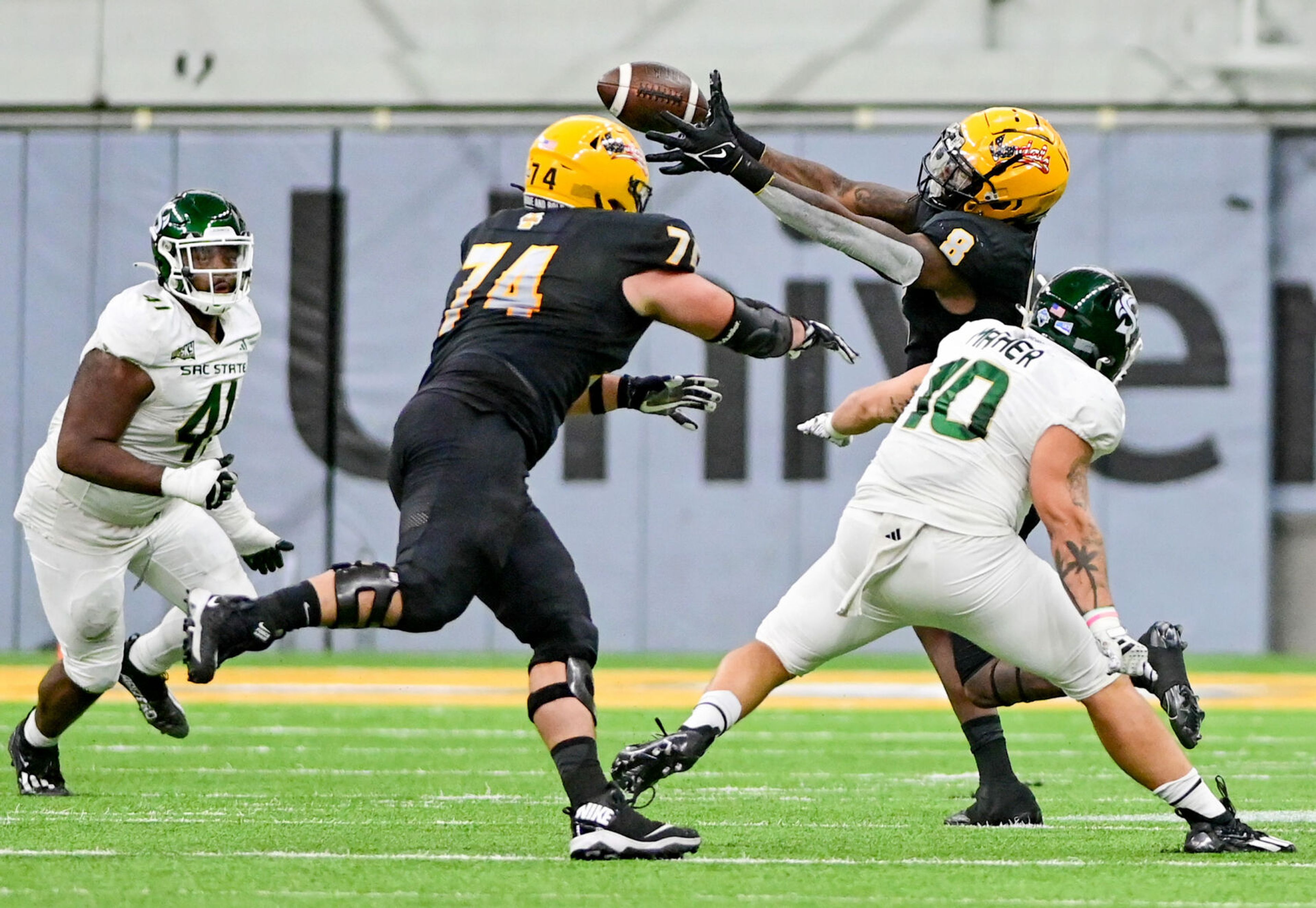 Idaho tight end TJ Ivy Jr. (8) makes a catch during a game against Sacramento State on Sept. 23 at the P1FCU Kibbie Dome in Moscow.