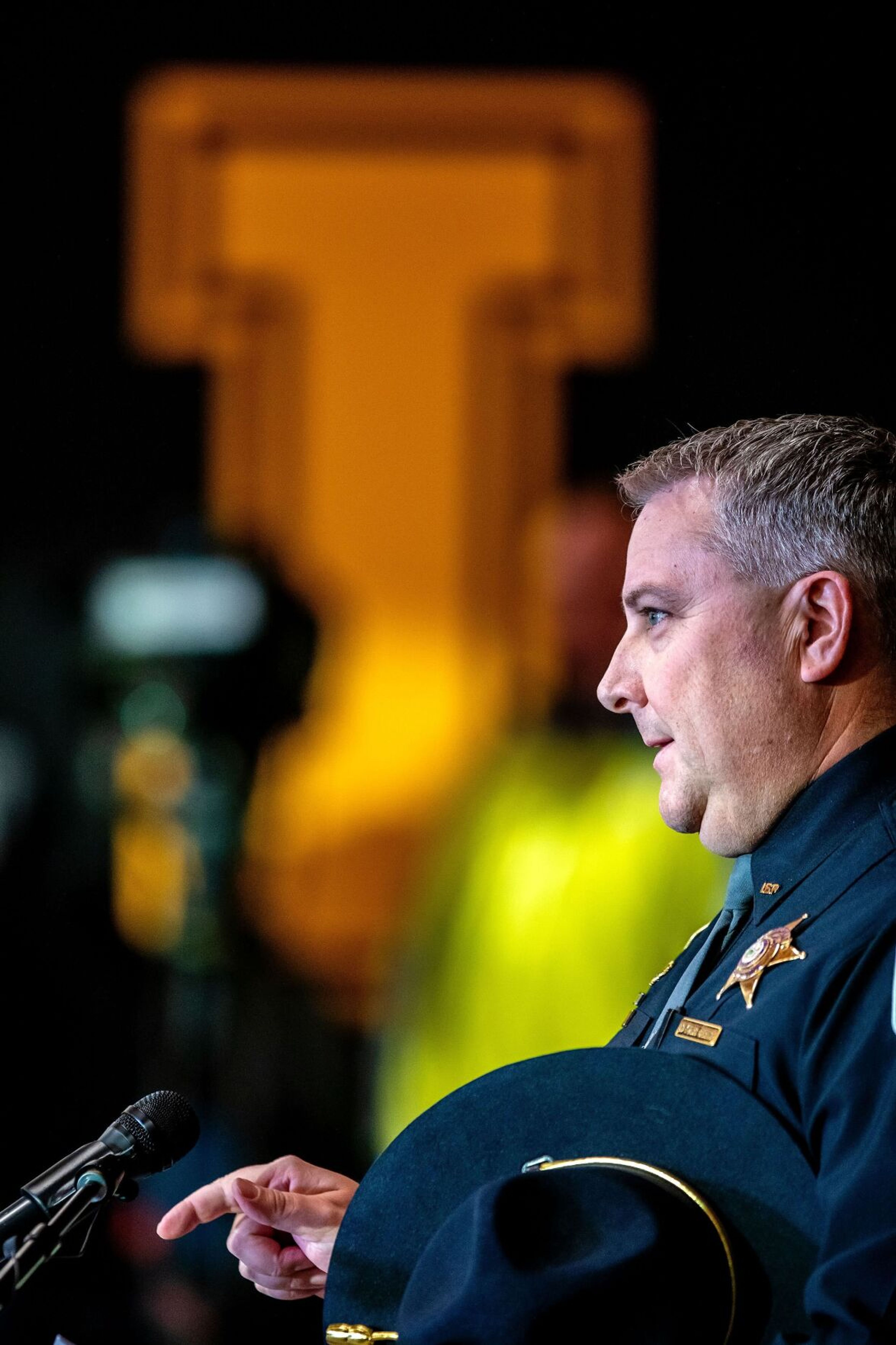 Idaho State Police Col. Kedrick Wills speaks at a press conference on the quadruple homicide investigation in Moscow at the ICCU Arena on Sunday.