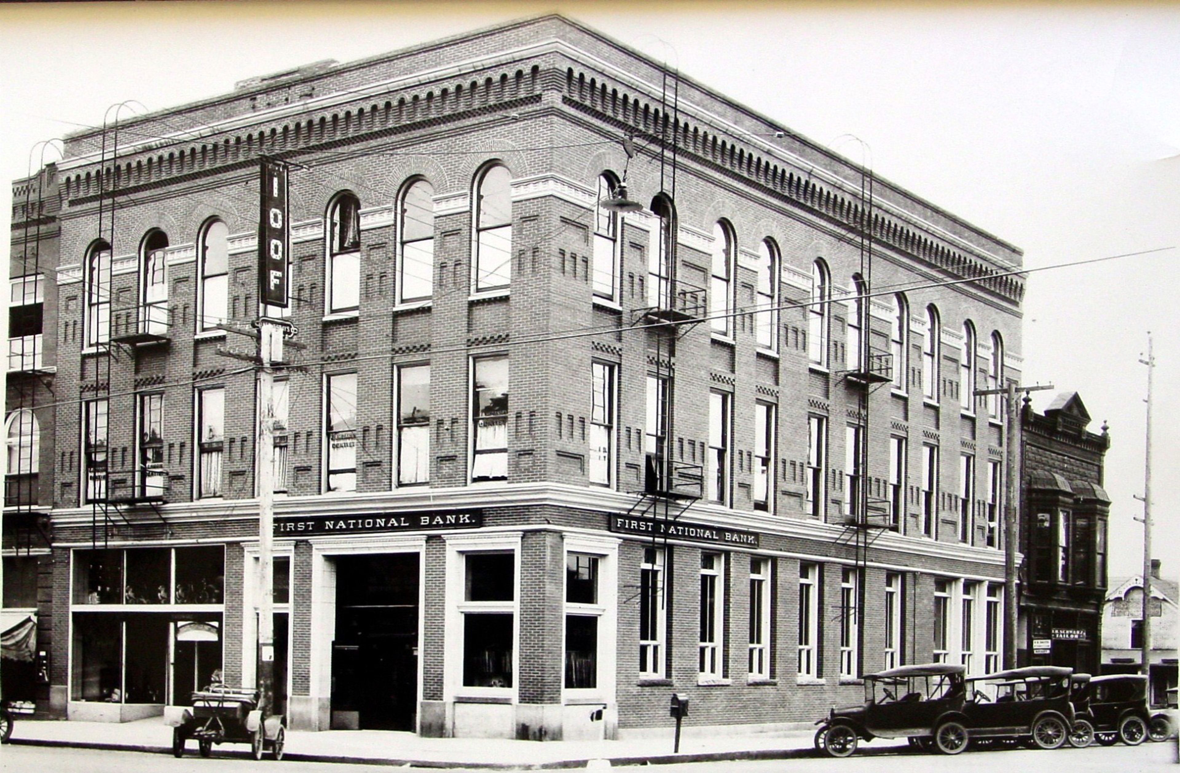 The First National Bank on the southwest corner of Third and Main streets in Moscow is seen circa 1921. It is now home to the "elevator bank."