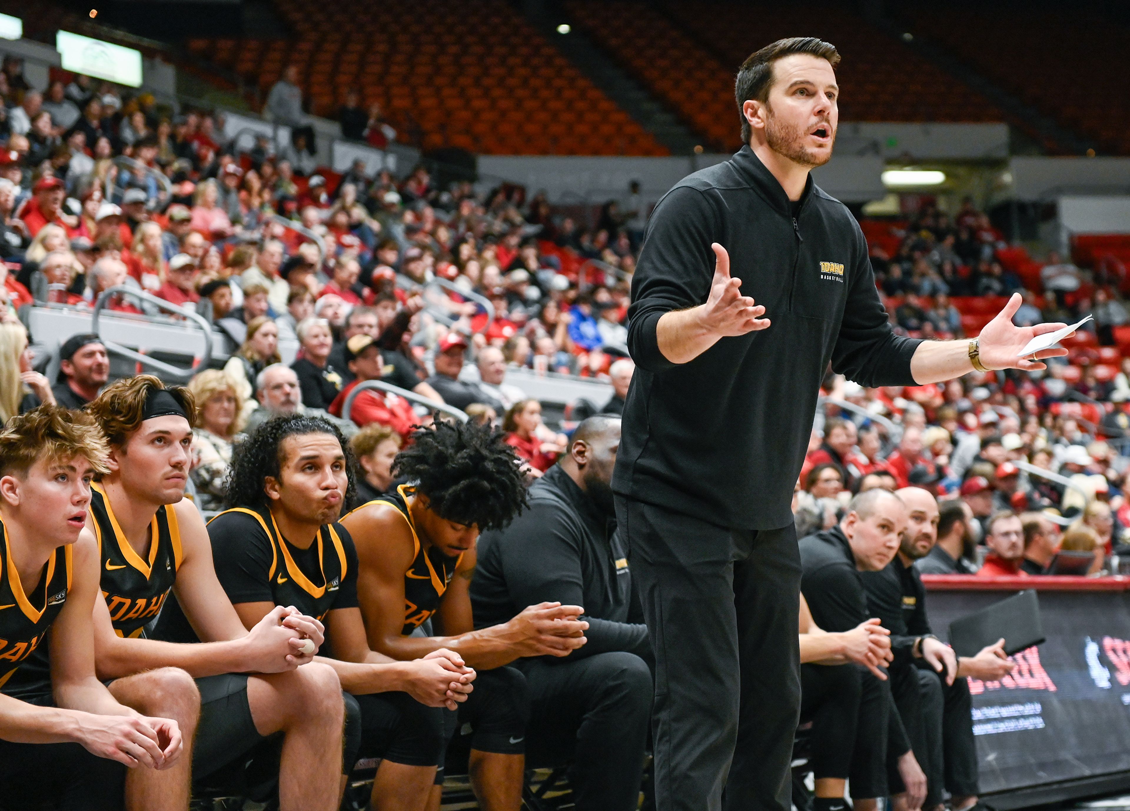 Idaho head coach Alex Pribble reacts to a referee call during the Battle of the Palouse game against Washington State at Beasley Coliseum in Pullman.