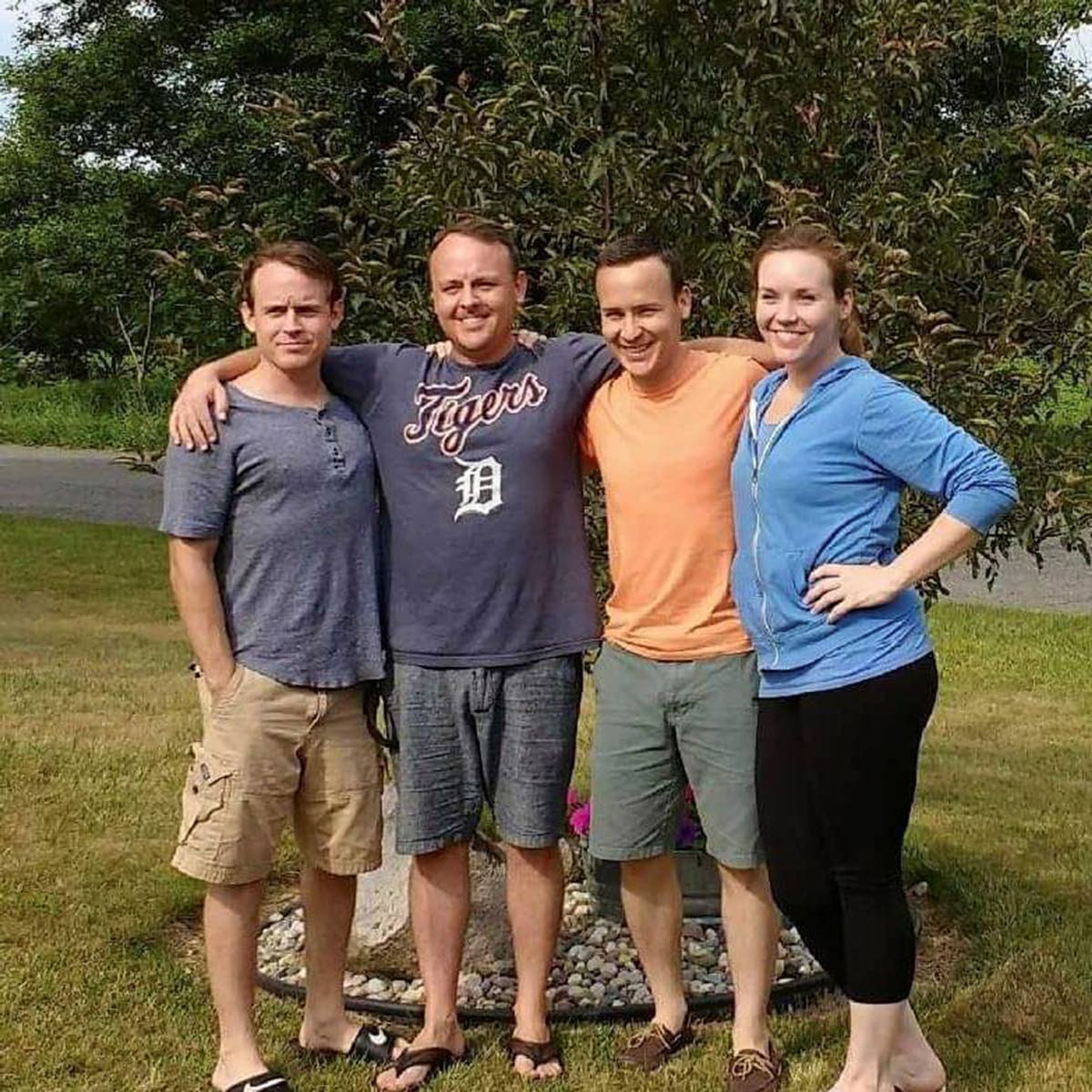 This August 2017 provided by the family shows Jordan McGlashen, left, and his siblings, Brandon, Collin, and Kaitlin, in Battle Creek, Mich. Jordan died of a drug overdose in his Ypsilanti, Mich, apartment in 2020. He was pronounced dead on May 6, the day before his 39th birthday. “It was really difficult for me to think about the way in which Jordan died. He was alone, and suffering emotionally and felt like he had to use again,” said his younger brother, Collin. (Courtesy Collin McGlashen via AP)