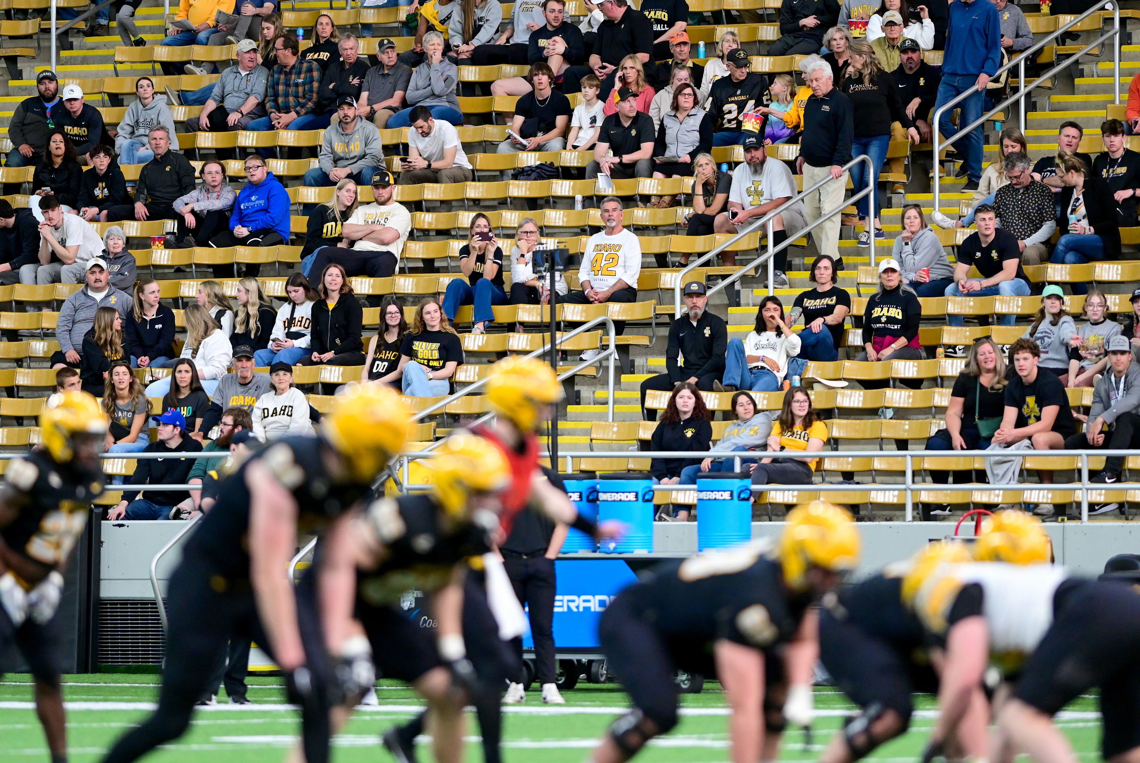 Fans file into the P1FCU Kibbie Dome in Moscow to watch the annual spring game as it starts on Friday.