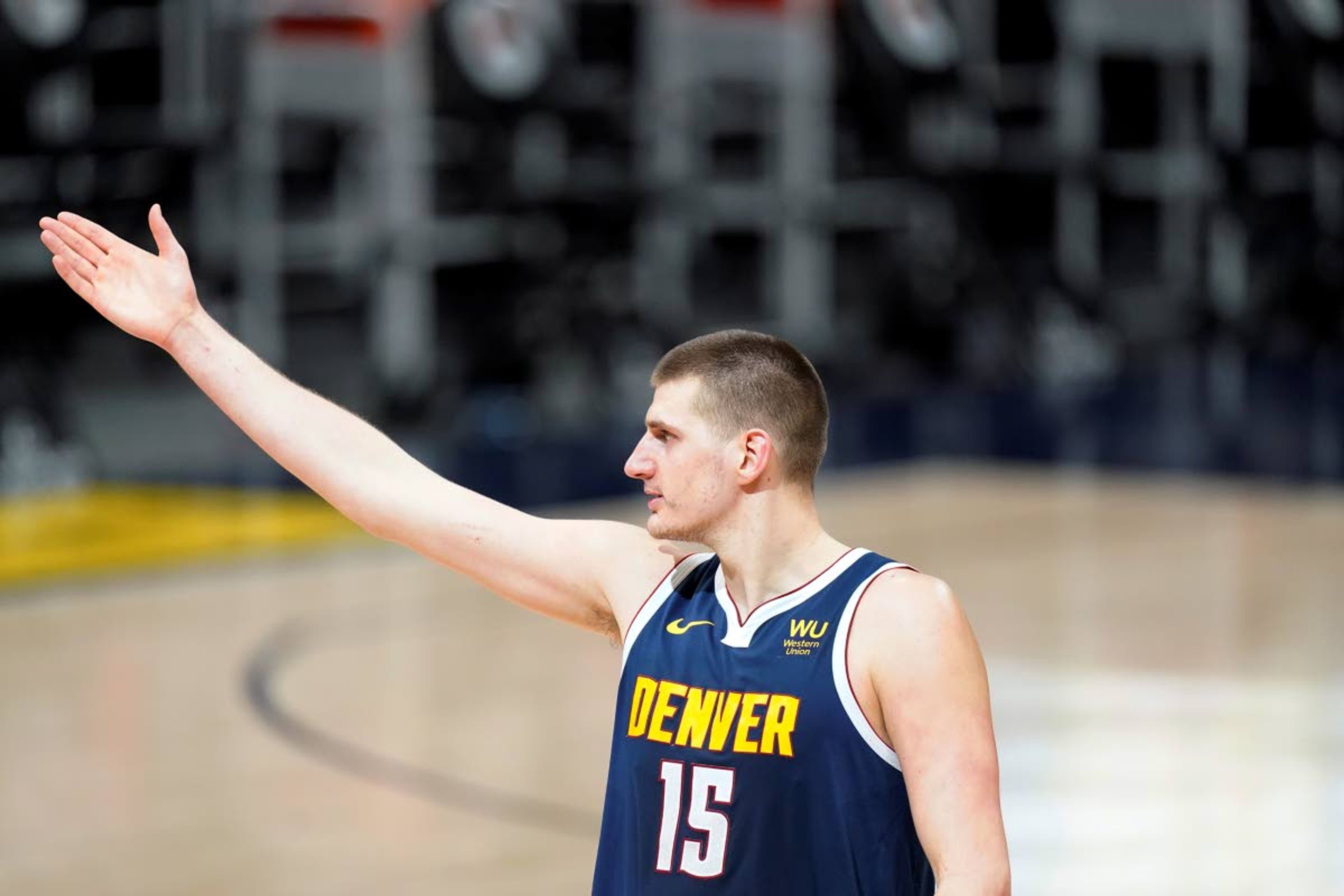 Nuggets center Nikola Jokic blows a kiss to the crowd after Denver won a double-overtime game against Memphis on April 19 in Denver. Jokic was named the NBA’s MVP on Tuesday.