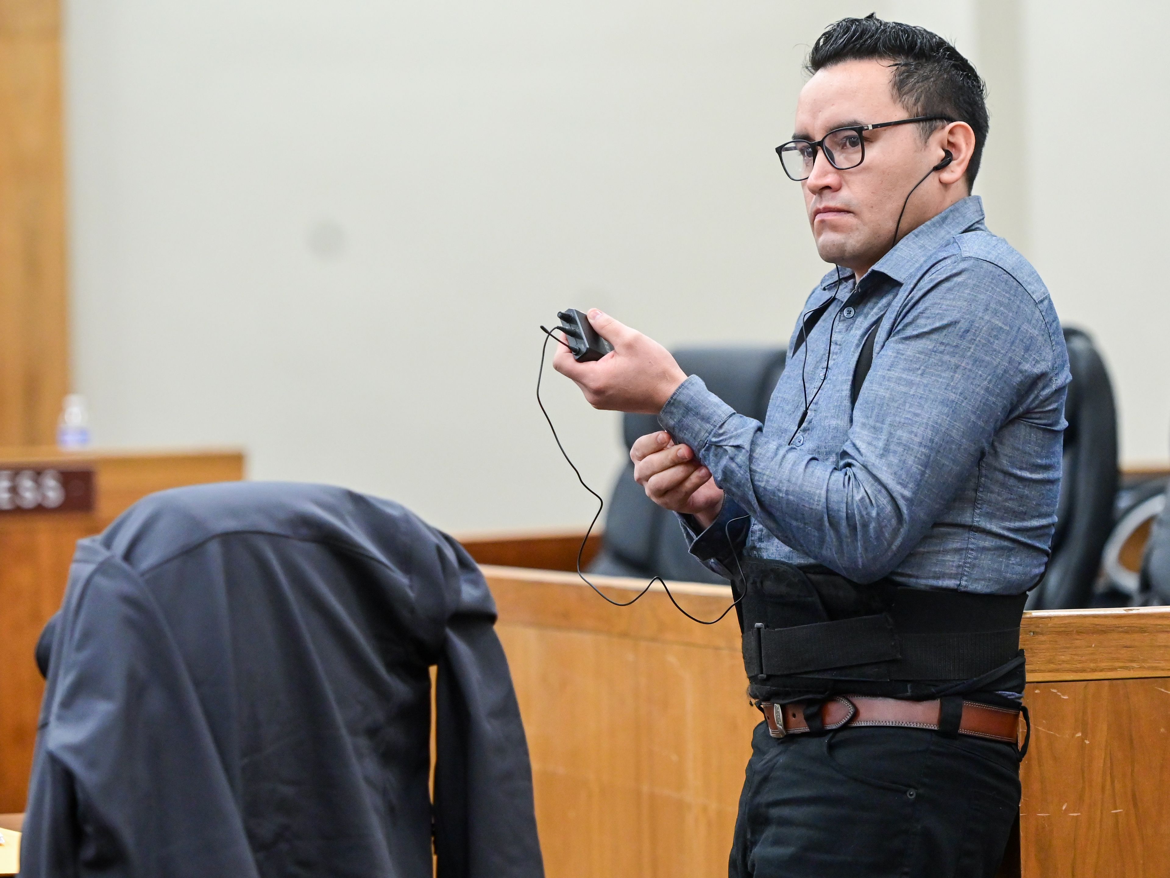 Juan Trejo Perez wears a brace on his lower back in Colfax on Wednesday during a trial for felony third-degree child molestation, after reportedly asking a boy for a massage and trying to molest him in Pullman. Trejo Perez was found guilty by a jury.