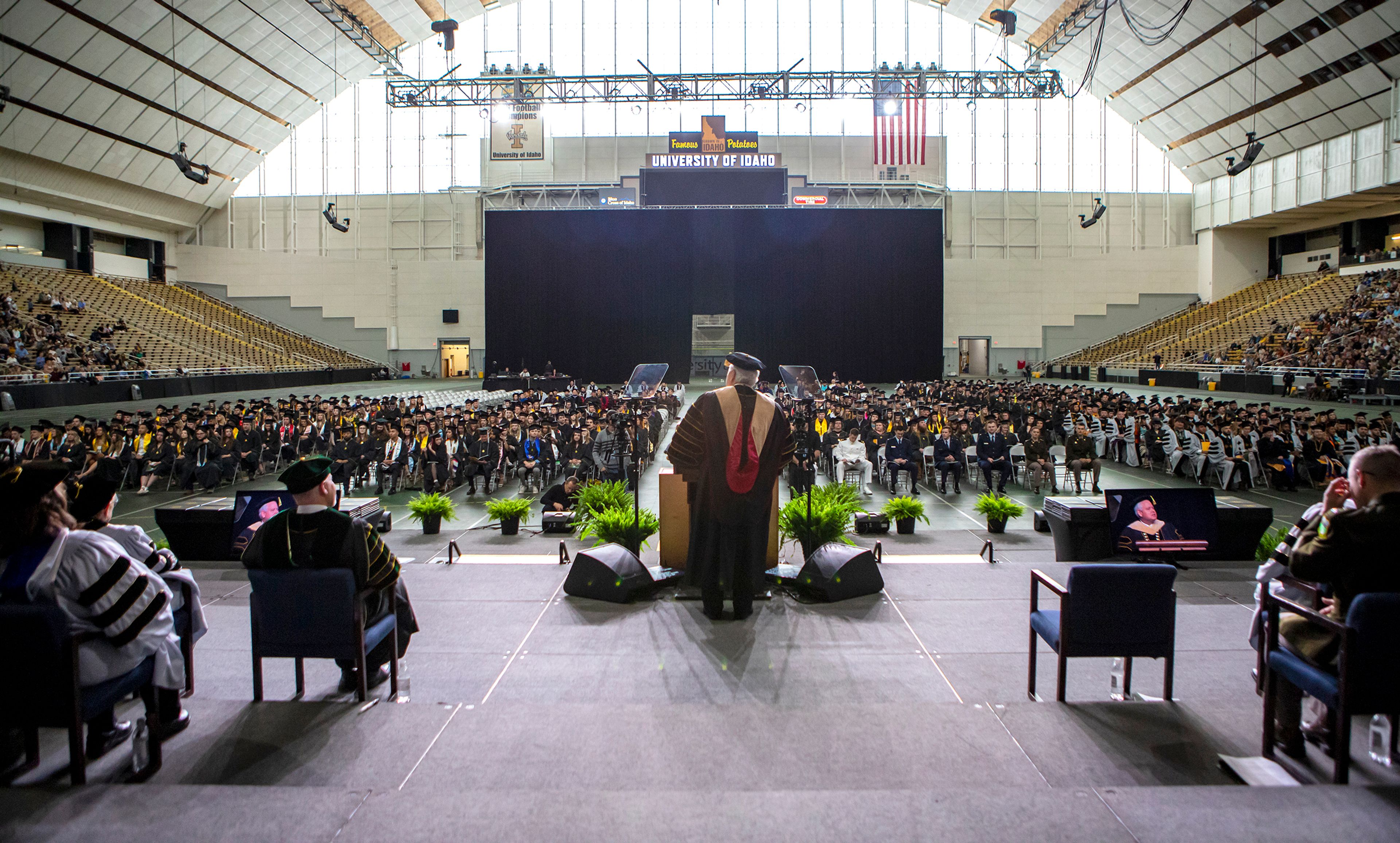 University of Idaho President C. Scott Green gives a speech Saturday morning during the University of Idaho’s 2022 Spring Commencement Ceremony at the Kibbie Dome in Moscow.