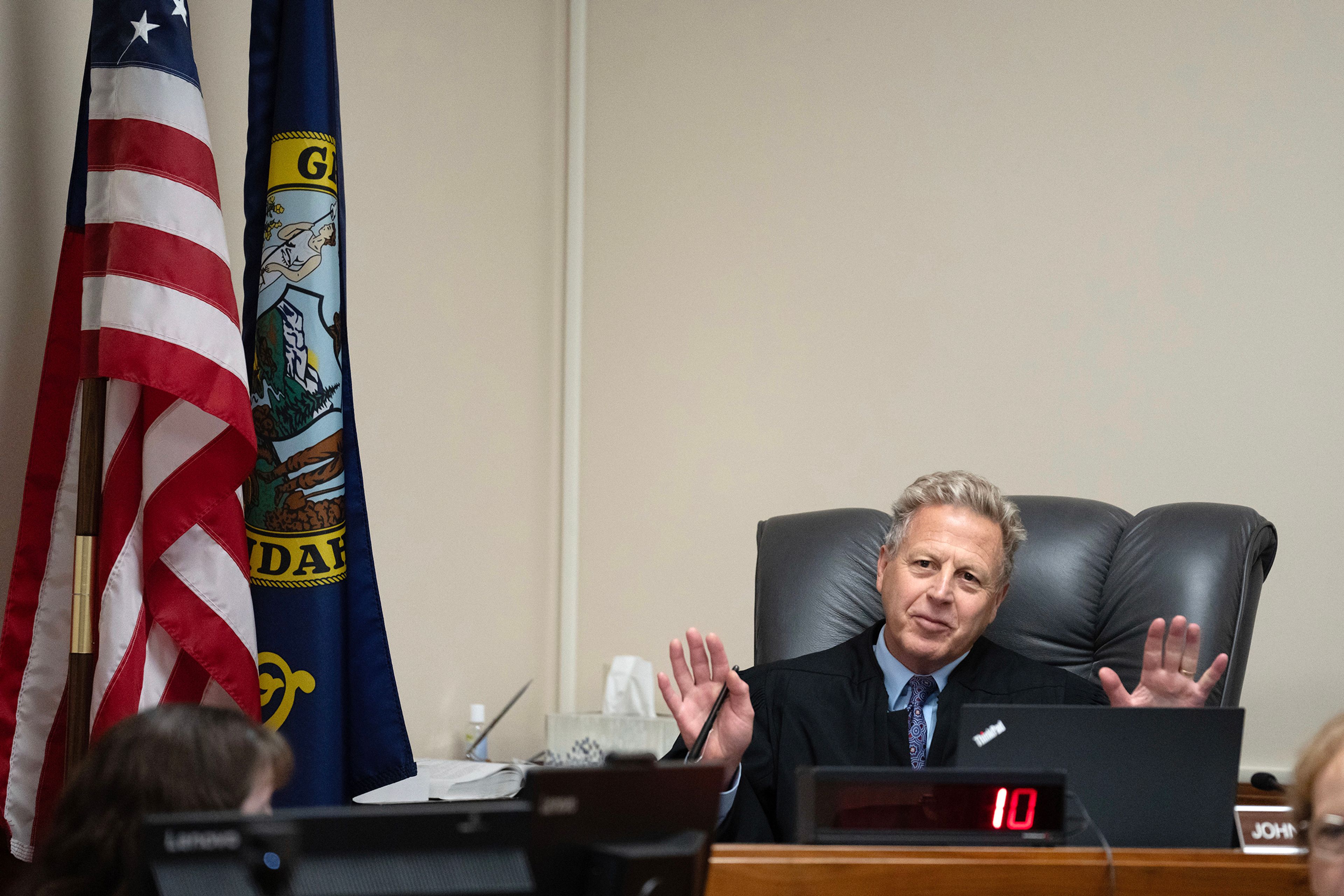 Second District Judge John C. Judge speaks during a court hearing in Latah County District Court, Wednesday, Sept. 13, 2023, in Moscow, Idaho, for Bryan Kohberger, who is accused of killing four University of Idaho students in November 2022. (AP Photo/Ted S. Warren, Pool)