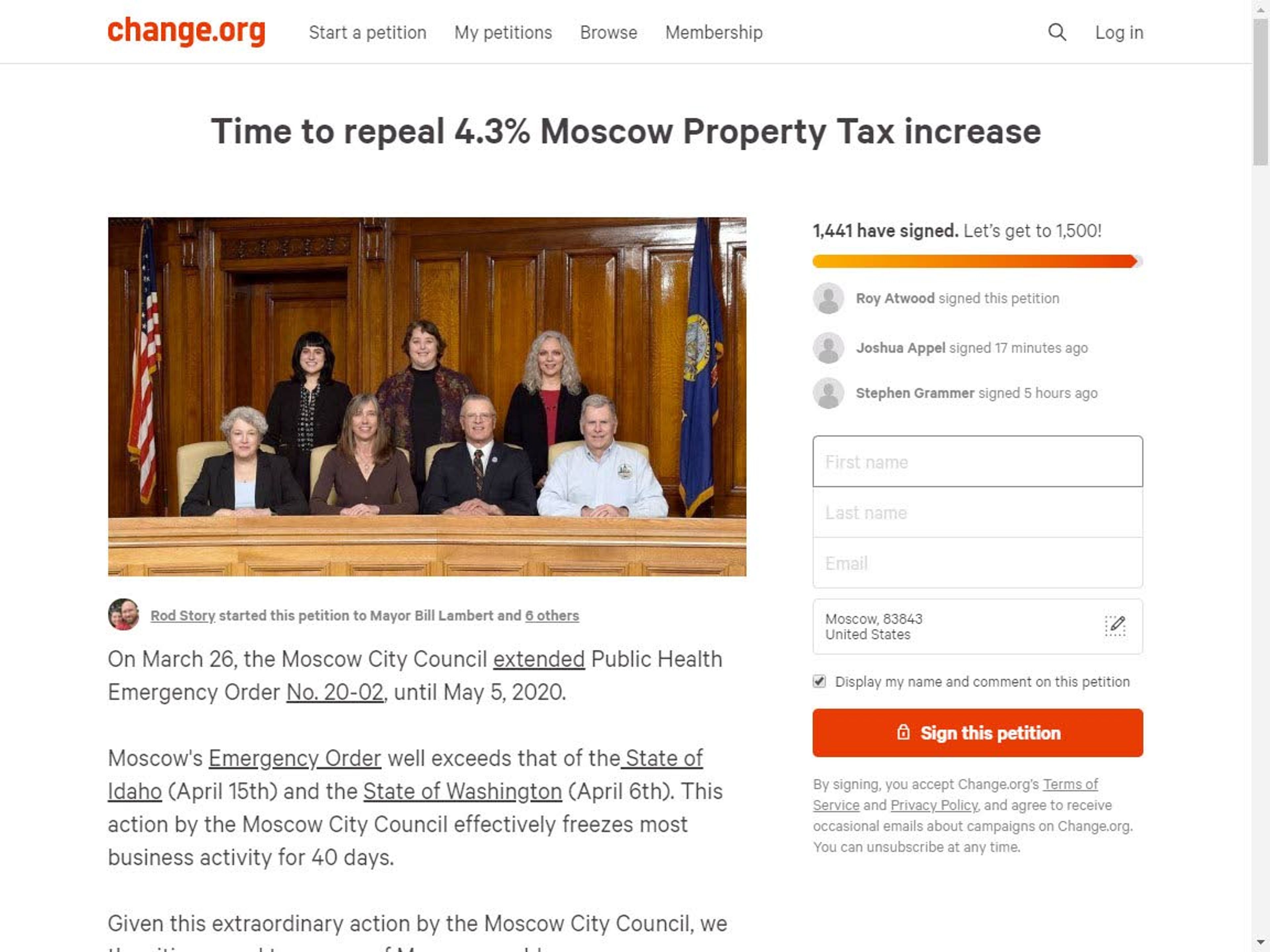 Rod Story started an online petition asking the Moscow City Council to delay the construction of a new police station, and the associated property tax increase, until the local economy recovers from the effects of the coronavirus.