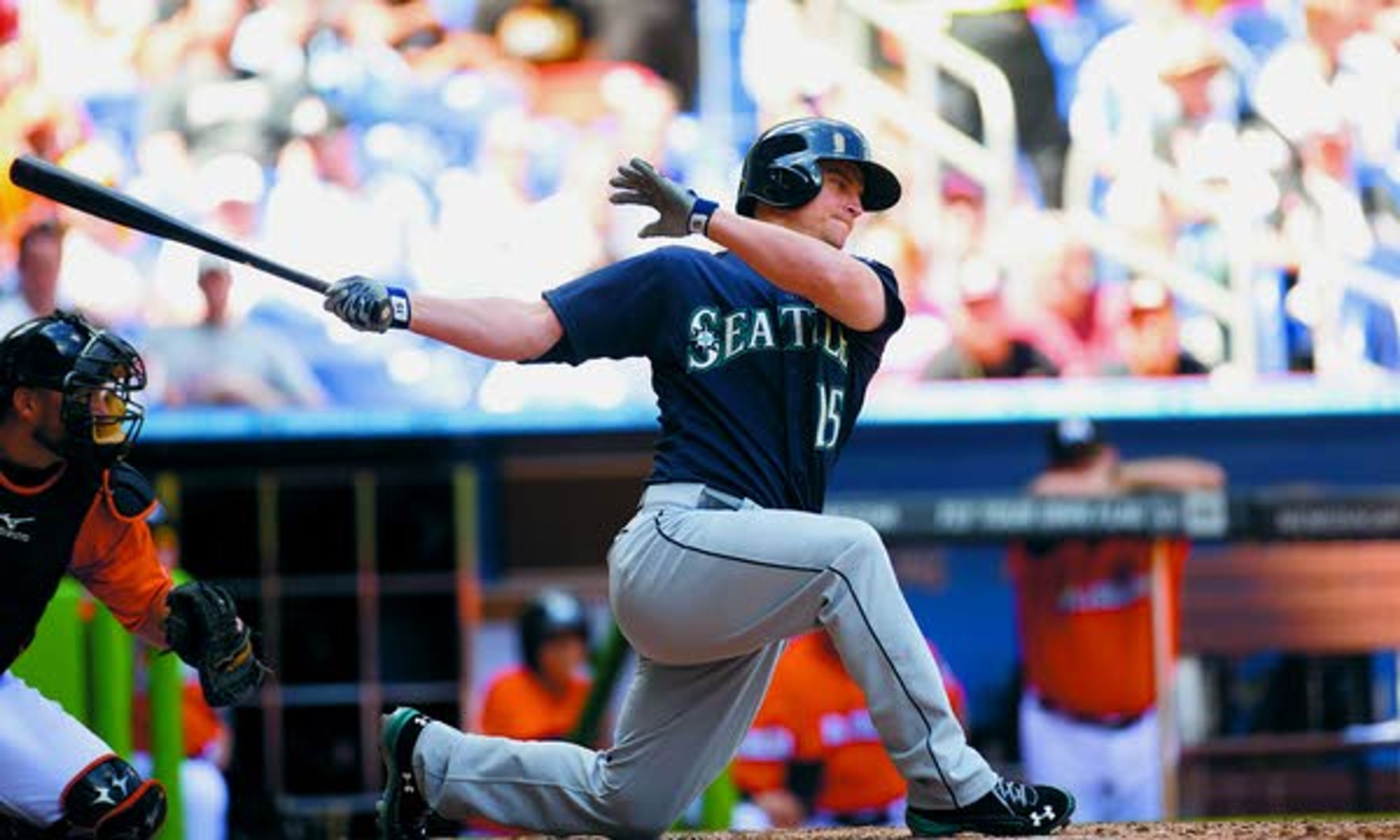 Mariners batter Kyle Seager stikes out with bases loaded to end the seventh inning Sunday in Miami. The Marlins won 3-2. , Sunday, April 20,2014 against the Miami Marlins. The Marlins won 3-2. (AP Photo/J Pat Carter)