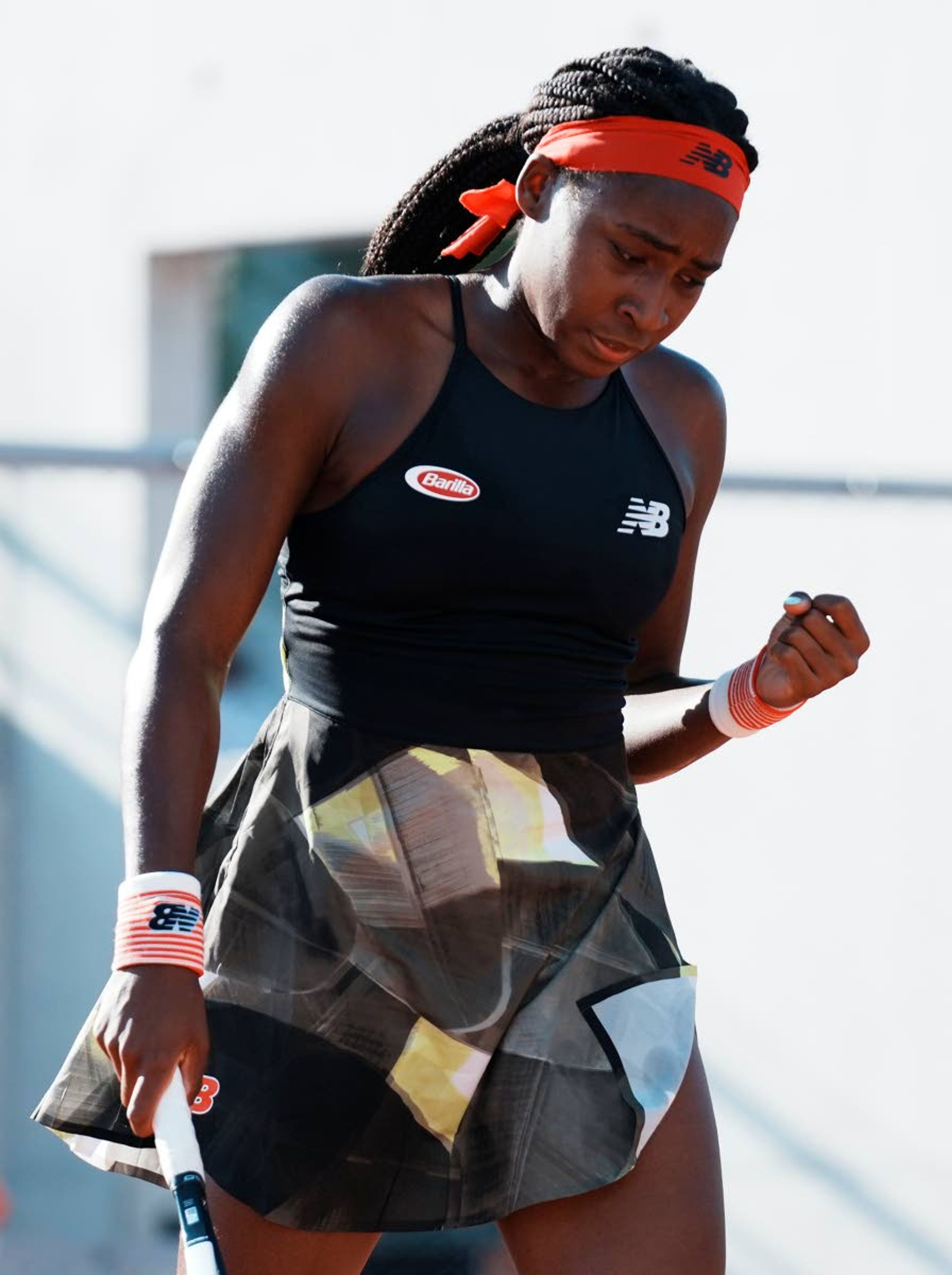 United States's Coco Gauff celebrates winning a point against Serbia's Aleksandra Krunic during their first round match on day three of the French Open tennis tournament at Roland Garros in Paris, France, Tuesday, June 1, 2021. (AP Photo/Thibault Camus)