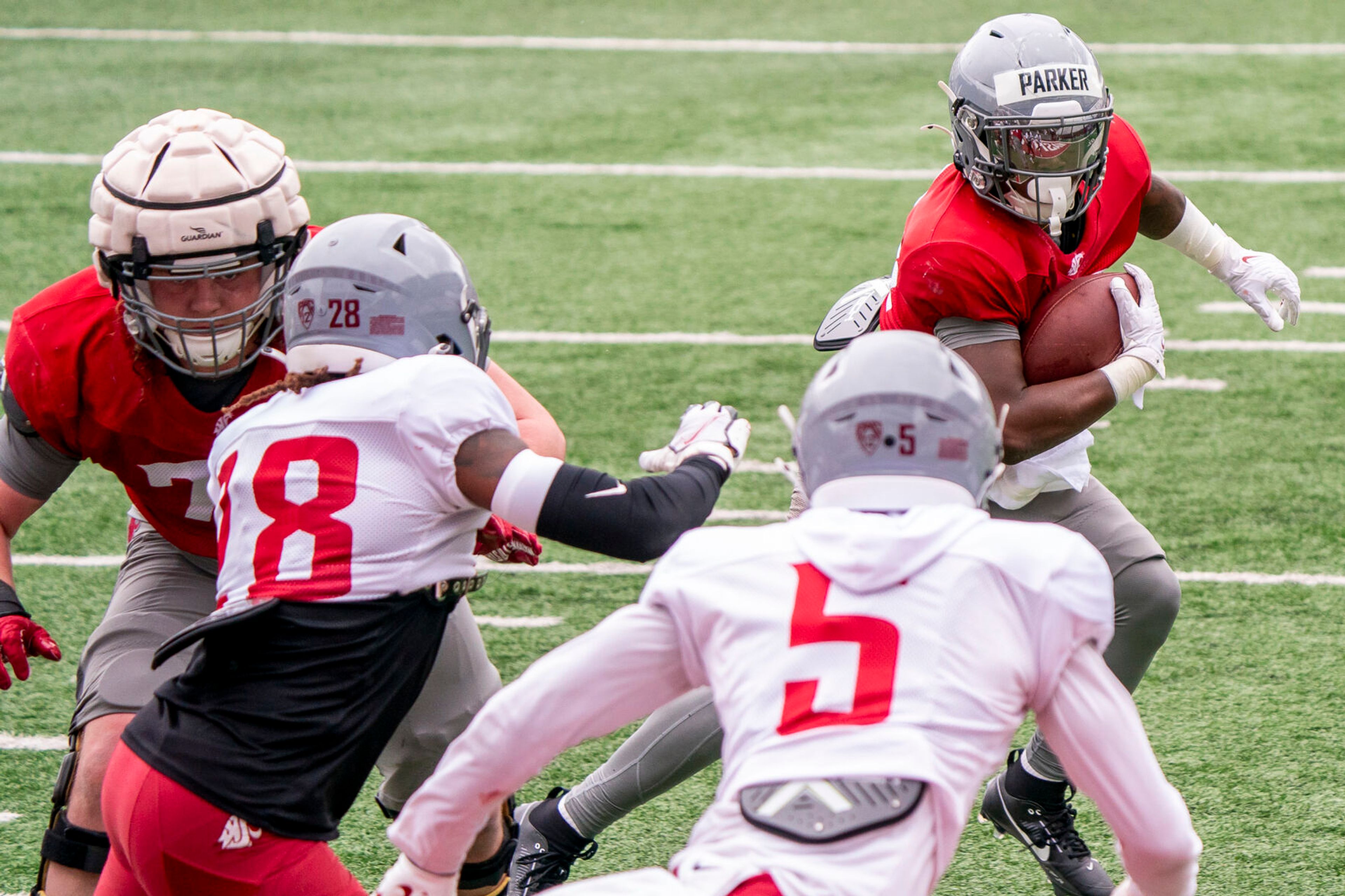 Washington State running back Wayshawn Parker, right, runs with the ball during a scrimmage on Saturday at Gesa Field in Pullman.