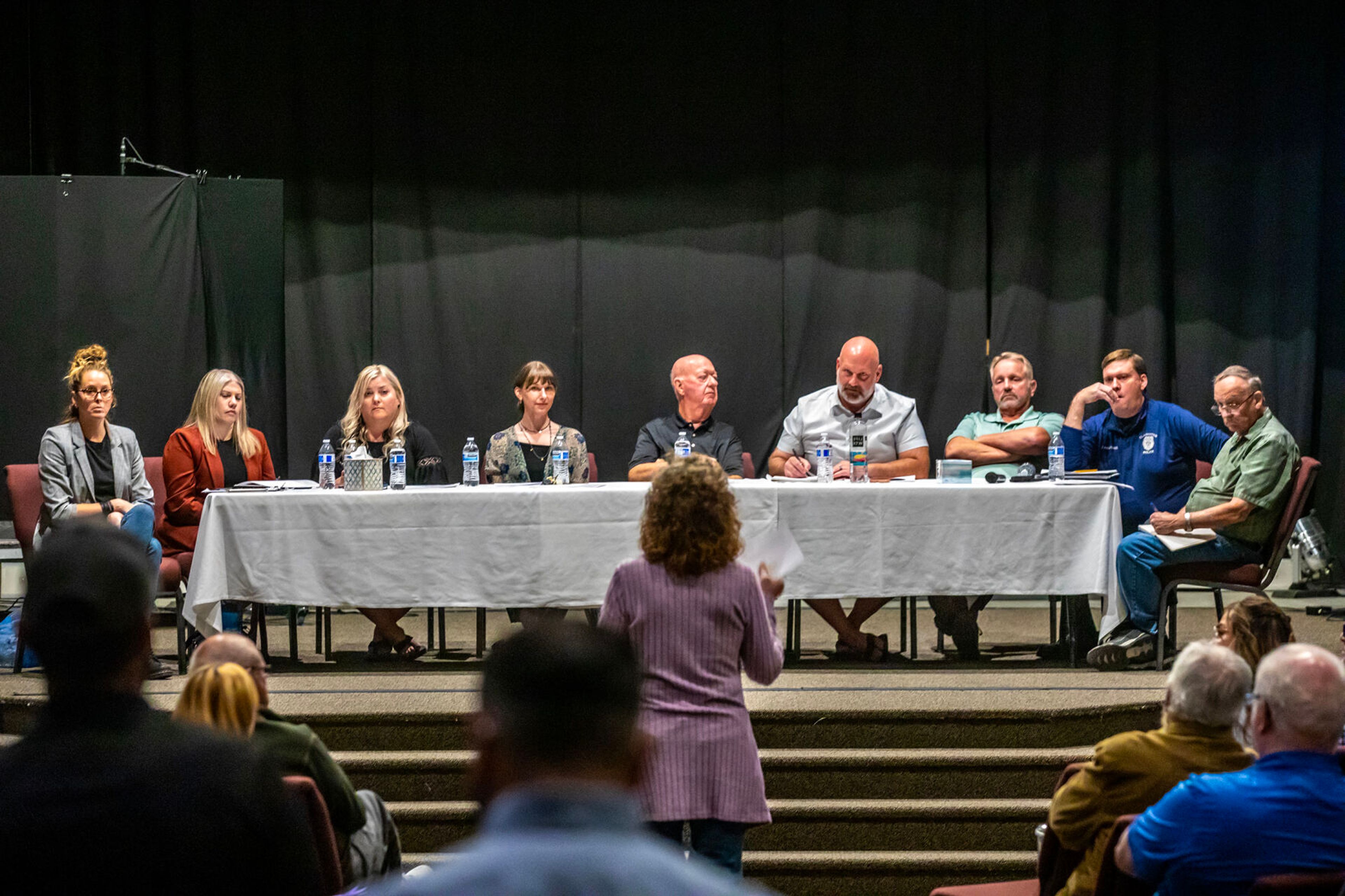 City councilmen and others answer questions from the public in a town hall Tuesday at the Asotin County Fire Department in Clarkston.