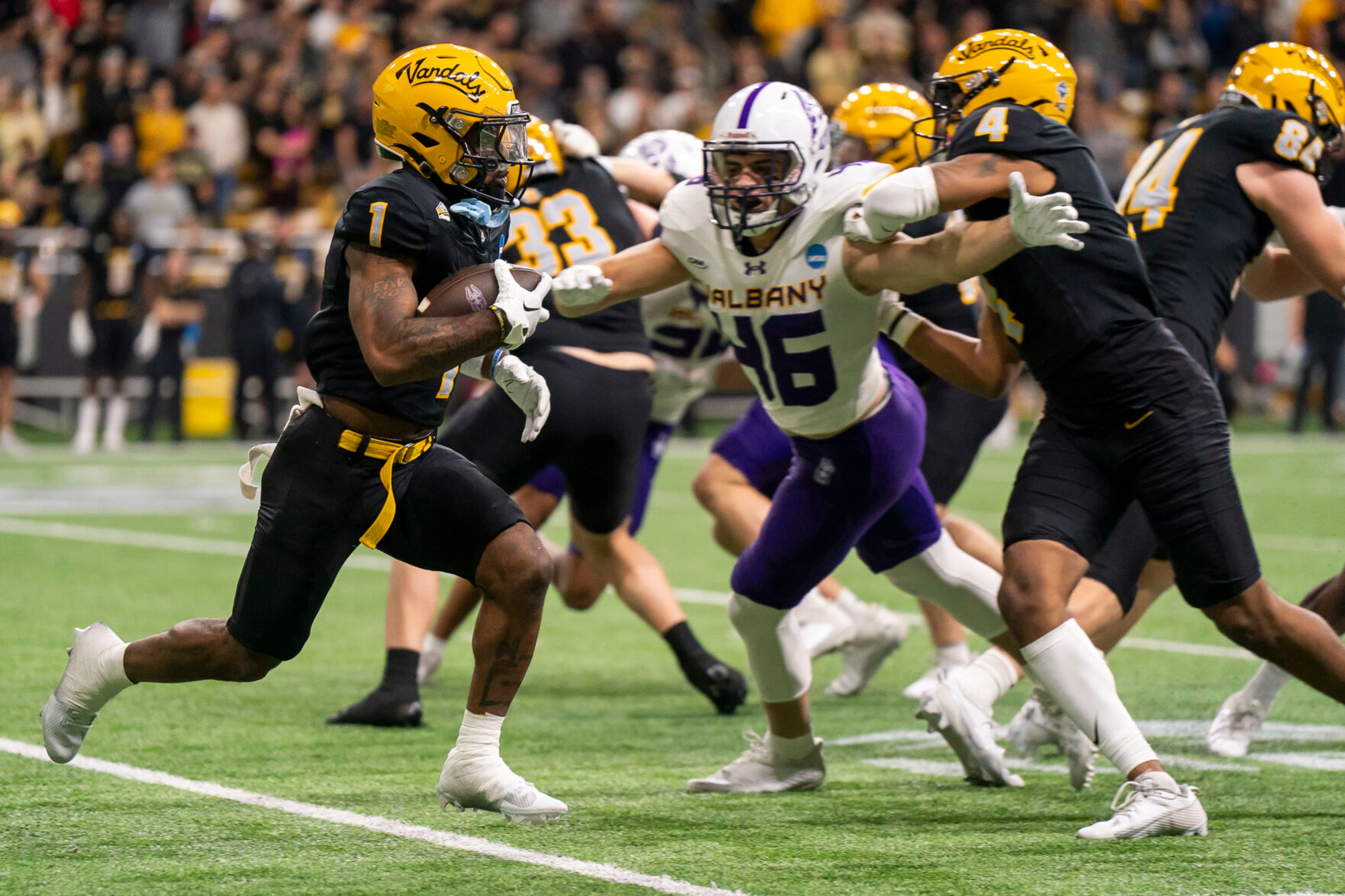 Idaho Vandals wide receiver Jermaine Jackson (1) returns the opening kick against Albany during a Football Championship Subdivision playoffs game on Dec. 9, 2023, in Moscow.