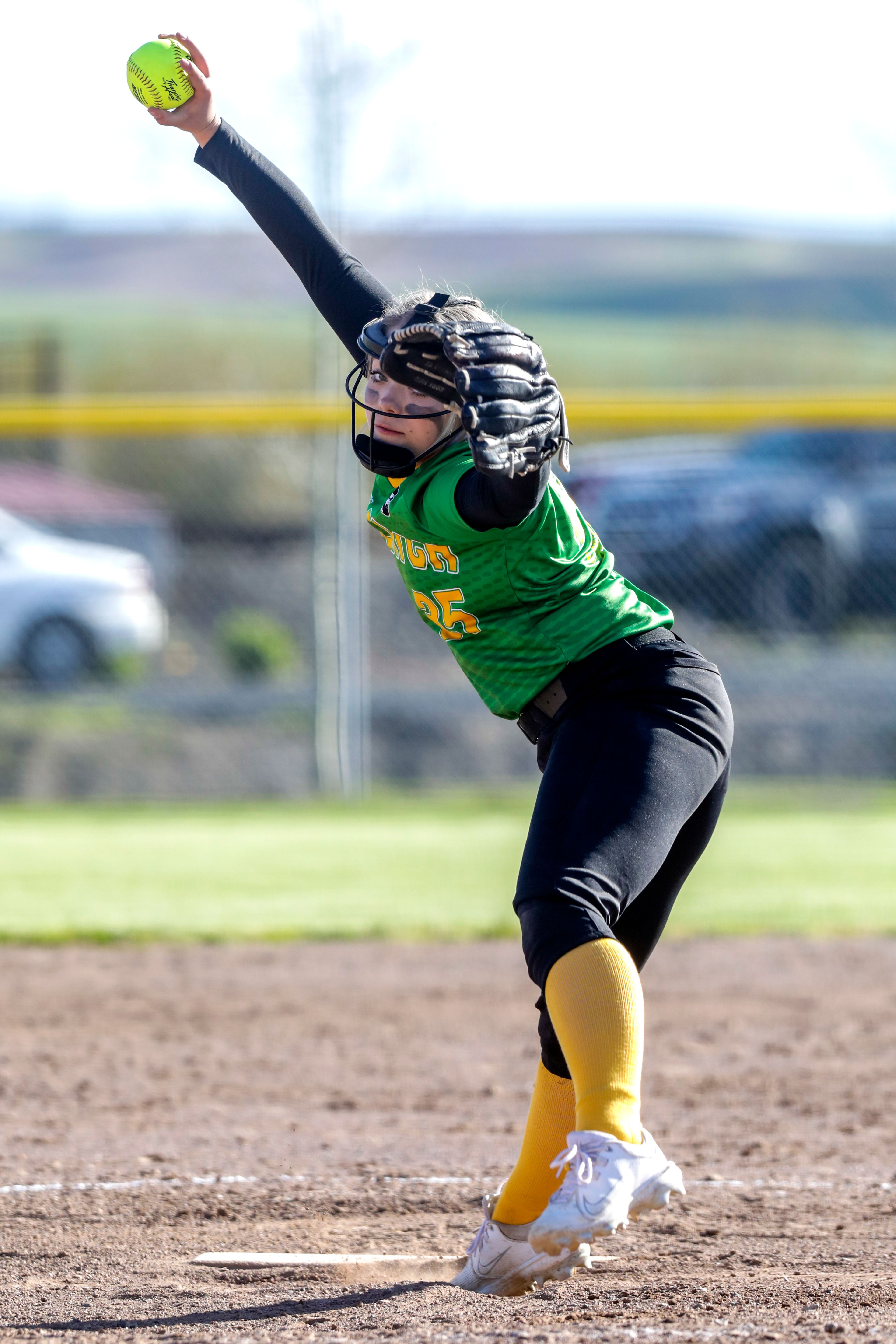 Potlatch High pitcher Kaylen Hadaller winds up for a pitch against Kendrick. Potlatch defeated Kendrick 12-11 in the Class 1A district final in Genesee on Wednesday.