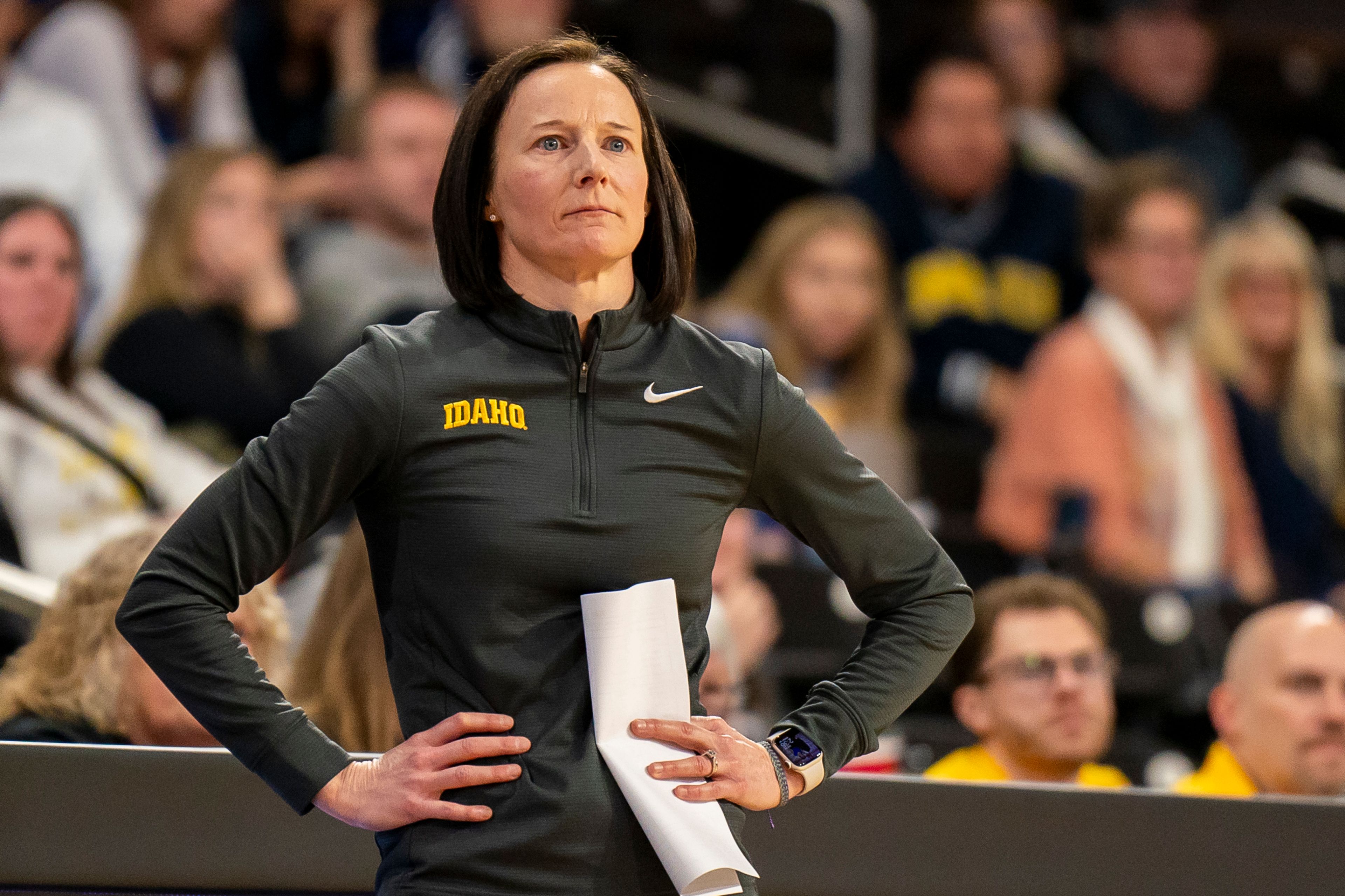 Idaho women’s basketball coach Carrie Eighmey watches as the team plays against Northern Arizona on Feb. 24 at ICCU Arena in Moscow.