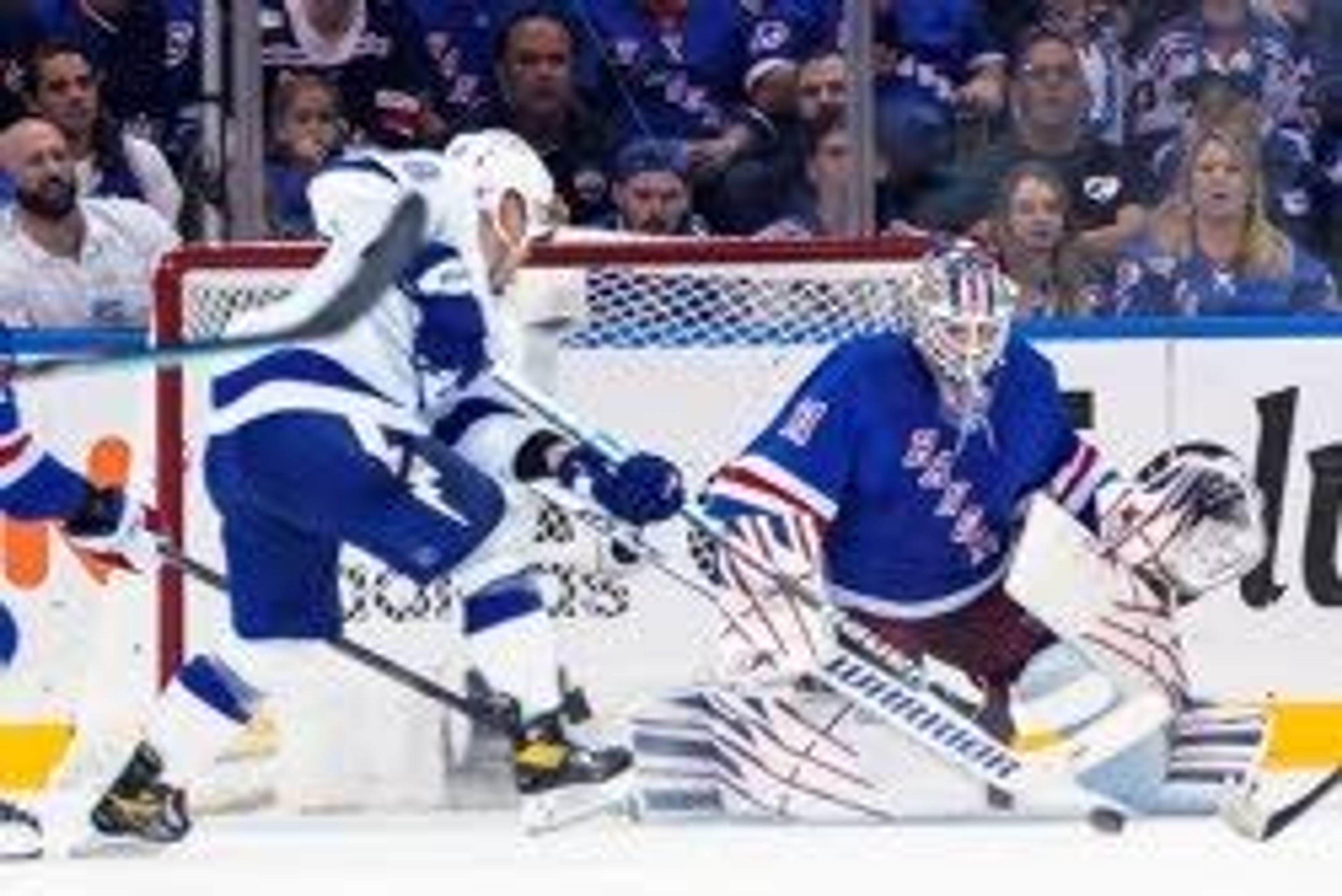 Associated PressRangers goaltender Igor Shesterkin (31) protects the net against the Lightning’s Ondrej Palat during the second period of Game 1 of the Eastern Conference finals Wednesday in New York. Palat scored a goal on the play, but the Rangers won the game 6-2.