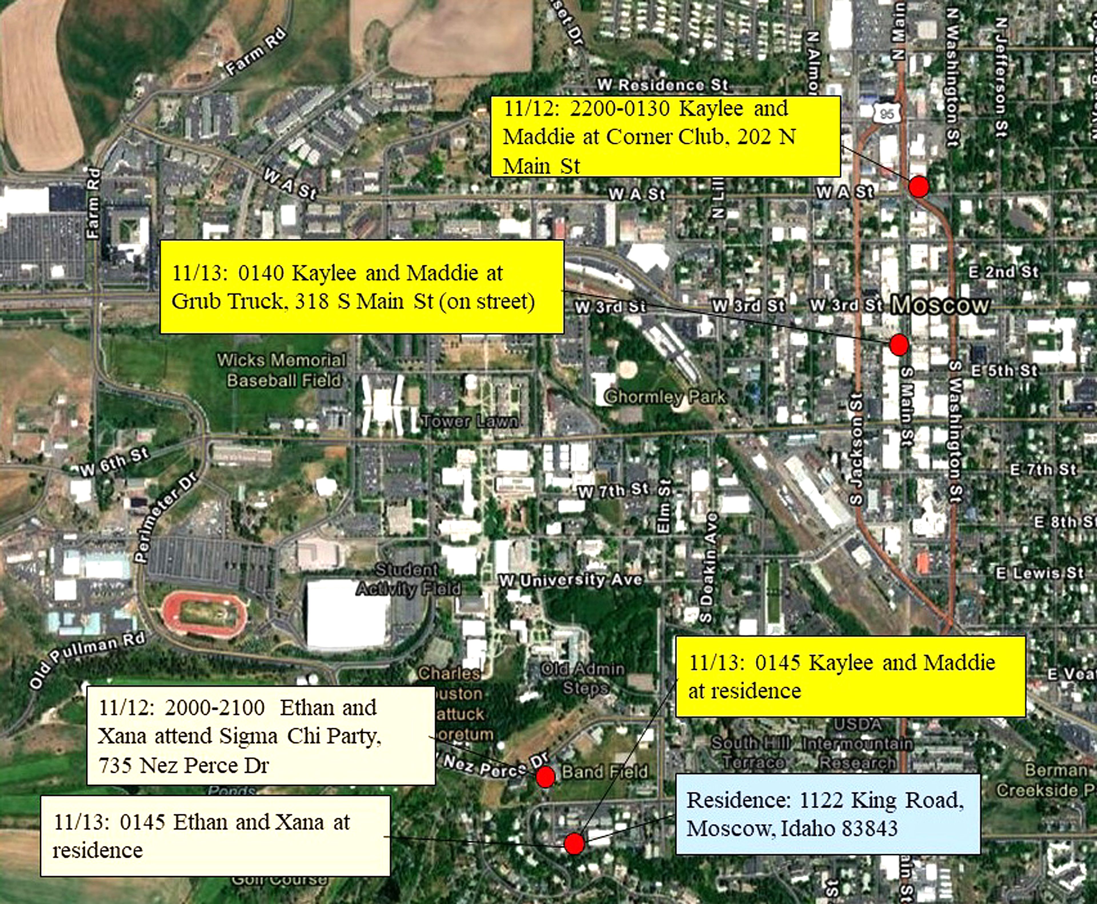 This map of Moscow shows the movements of University of Idaho students Kaylee Goncalves, Madison Mogen, Xana Kernodle and Ethan Chapin on Saturday night and early Sunday morning before they were murdered at their residence at 1122 King Road. The map was released by the Moscow Police Department on Friday.