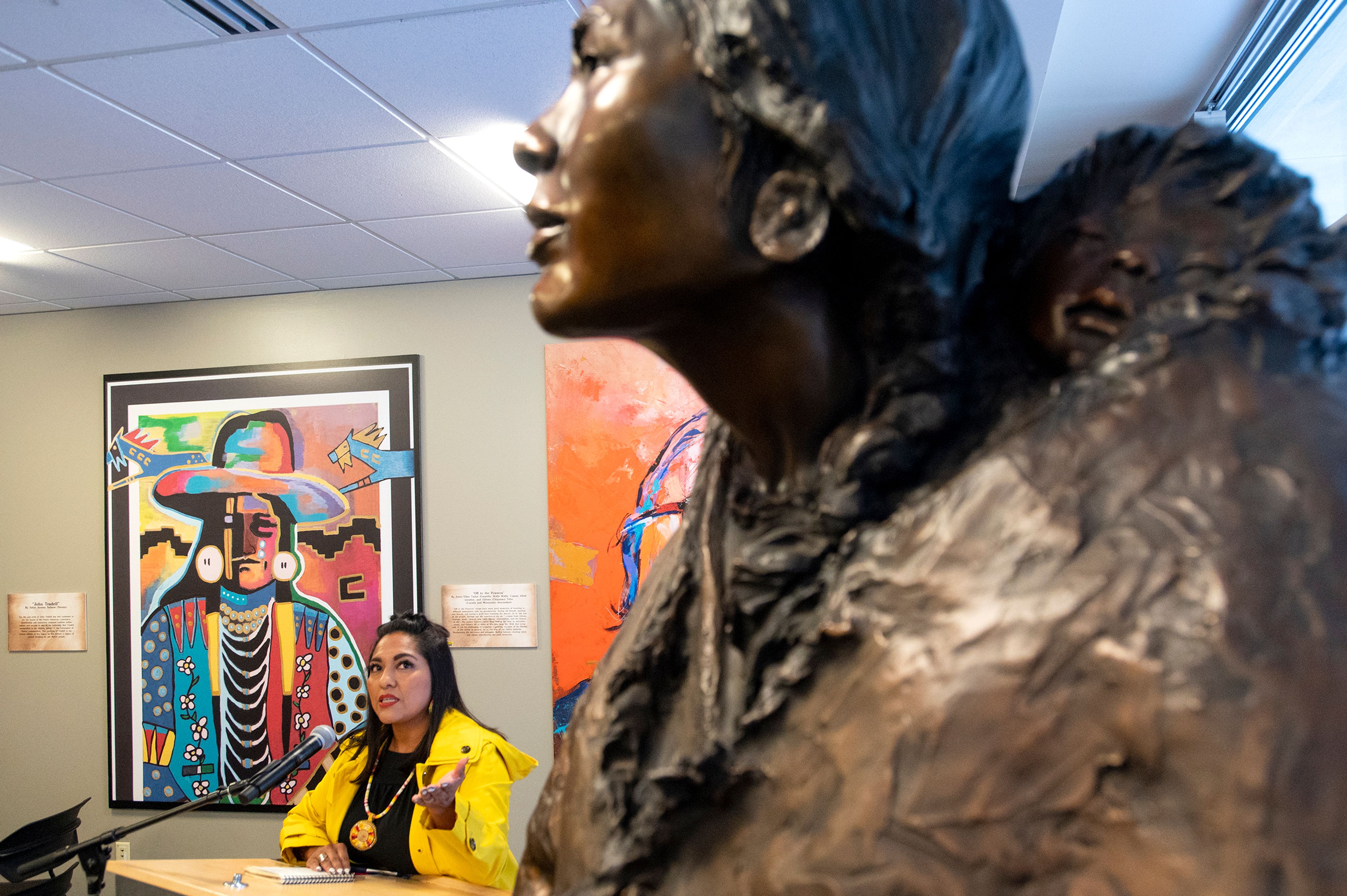 Shoshone-Bannock Tribe member, Randy’L Teton, speaks at the University of Idaho during a dedication for the sculpture, “Sacagawea and Jean Baptiste,” inside Bruce M. Pitman Center’s Tribal Lounge in Moscow on Friday. This depiction of Sacajawea was modeled after Teton.