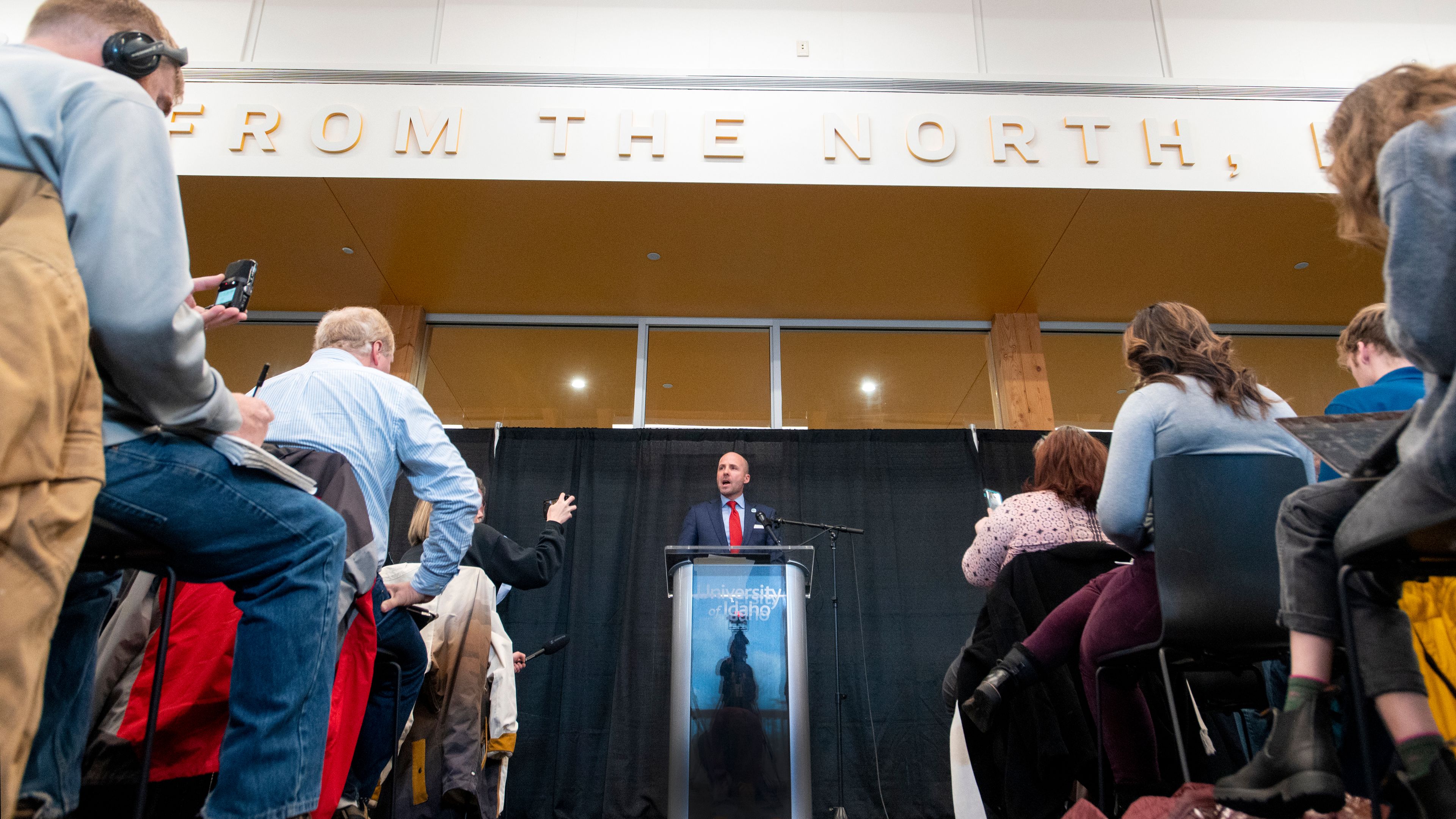 Deputy City Supervisor Tyler Palmar speaks on behalf of Gov. Brad Little at a press conference about a quadruple homicide investigation involving four University of Idaho students at the Idaho Central Credit Union Arena on Wednesday in Moscow.