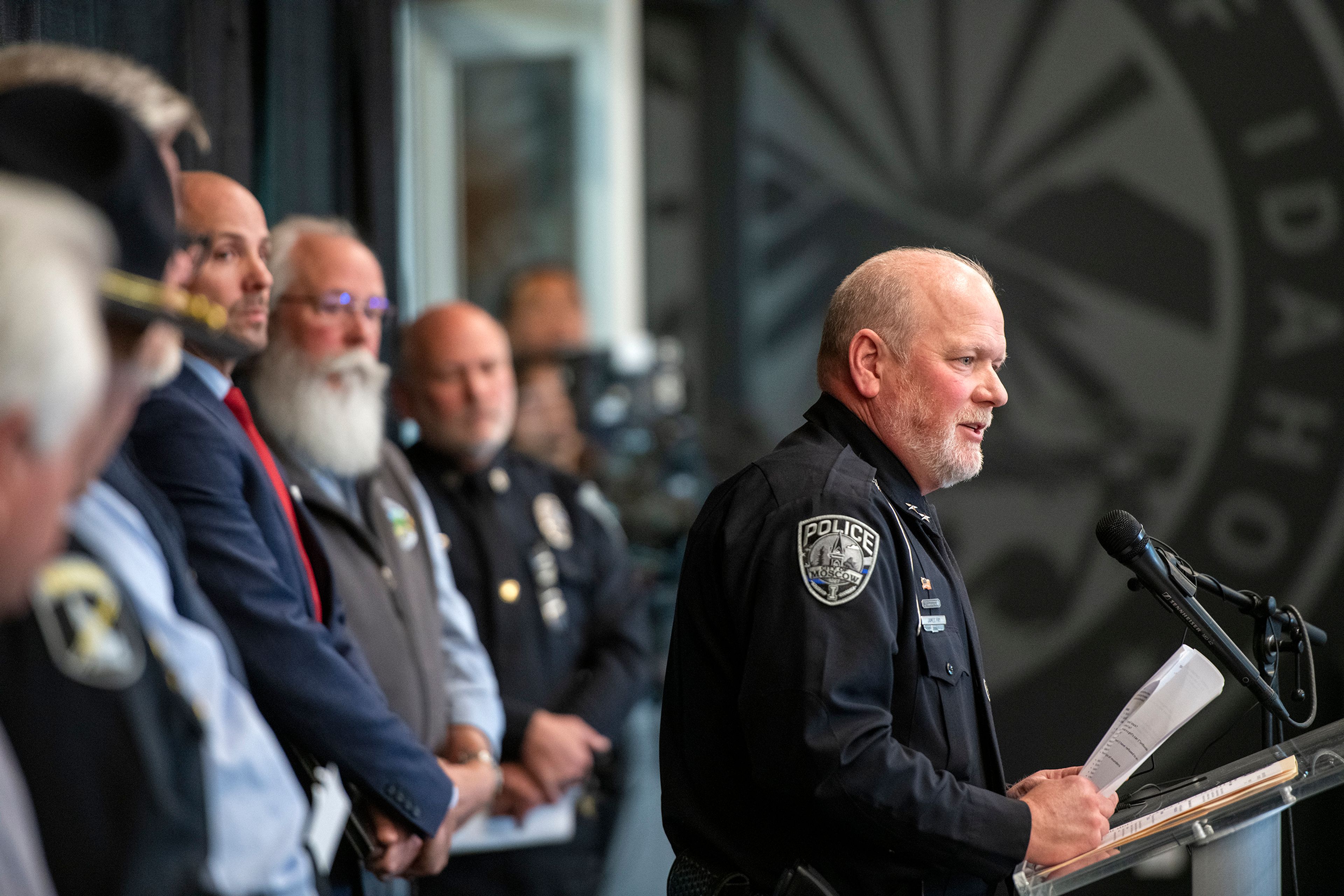 Moscow Chief of Police James Fry answers questions at a press conference about a quadruple homicide investigation involving four University of Idaho students at the Idaho Central Credit Union Arena on Wednesday in Moscow.