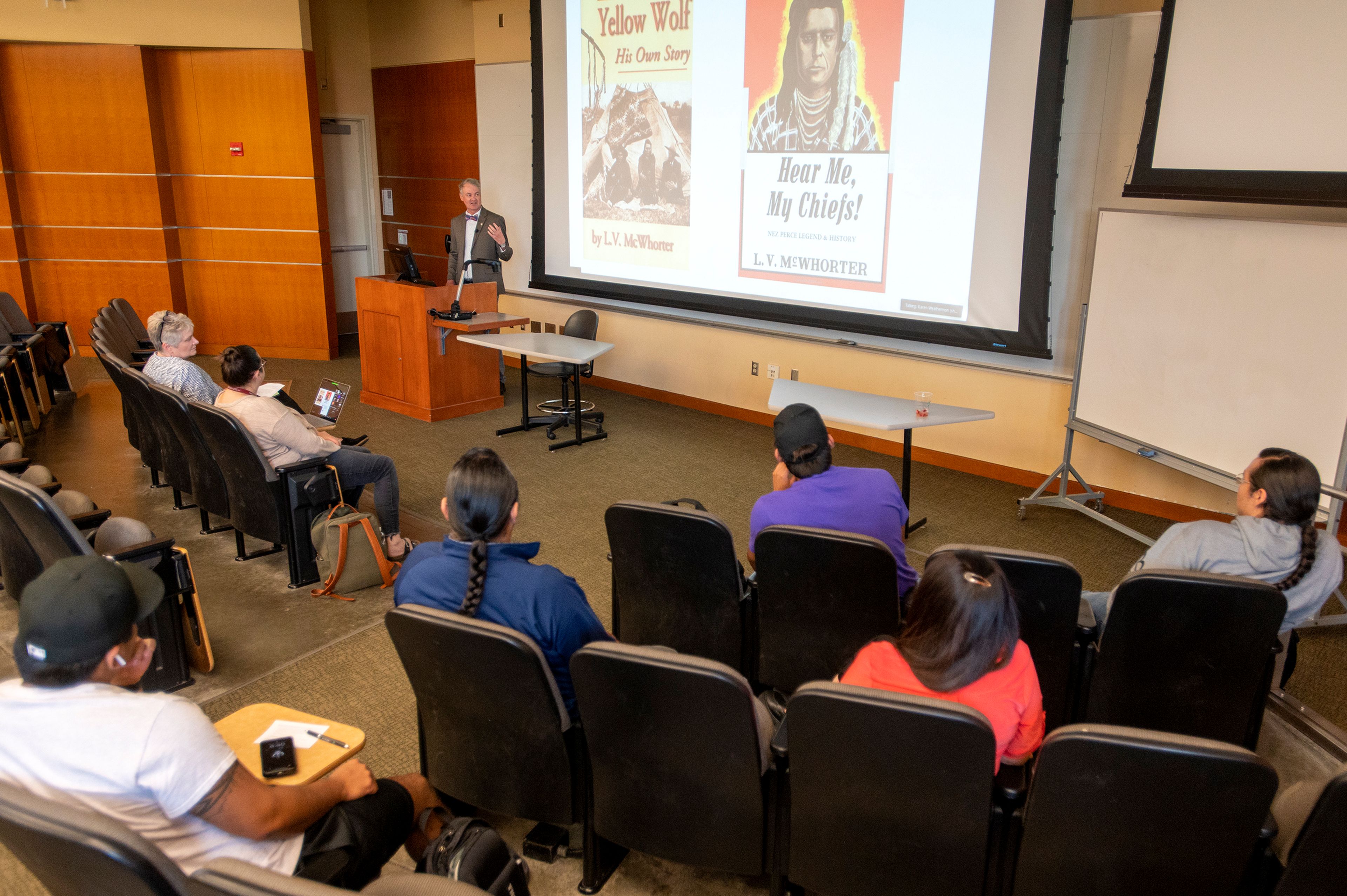 Trevor Bond, associate dean of the Washington State University Libraries, speaks to an audience as part of a panel on “Sharing Nimiipuu Traditional Knowledge on the Plateau Peoples’ Web Portal” for WSU’s Common Reading Program.