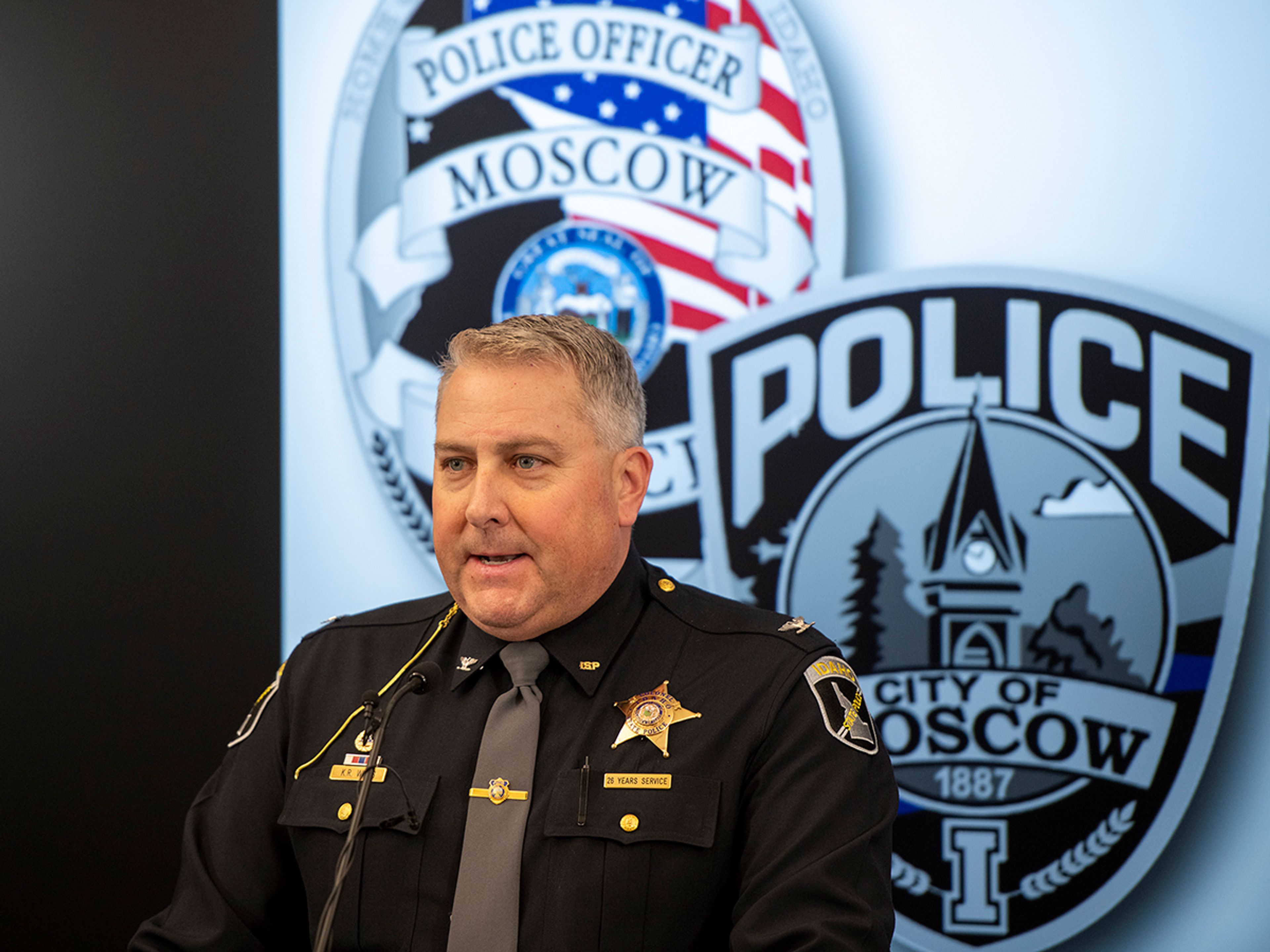 Col. Kedrick Wills of the Idaho State Police speaks during a press conference about a quadruple homicide investigation involving four University of Idaho students at the Moscow Police Department on Wednesday.