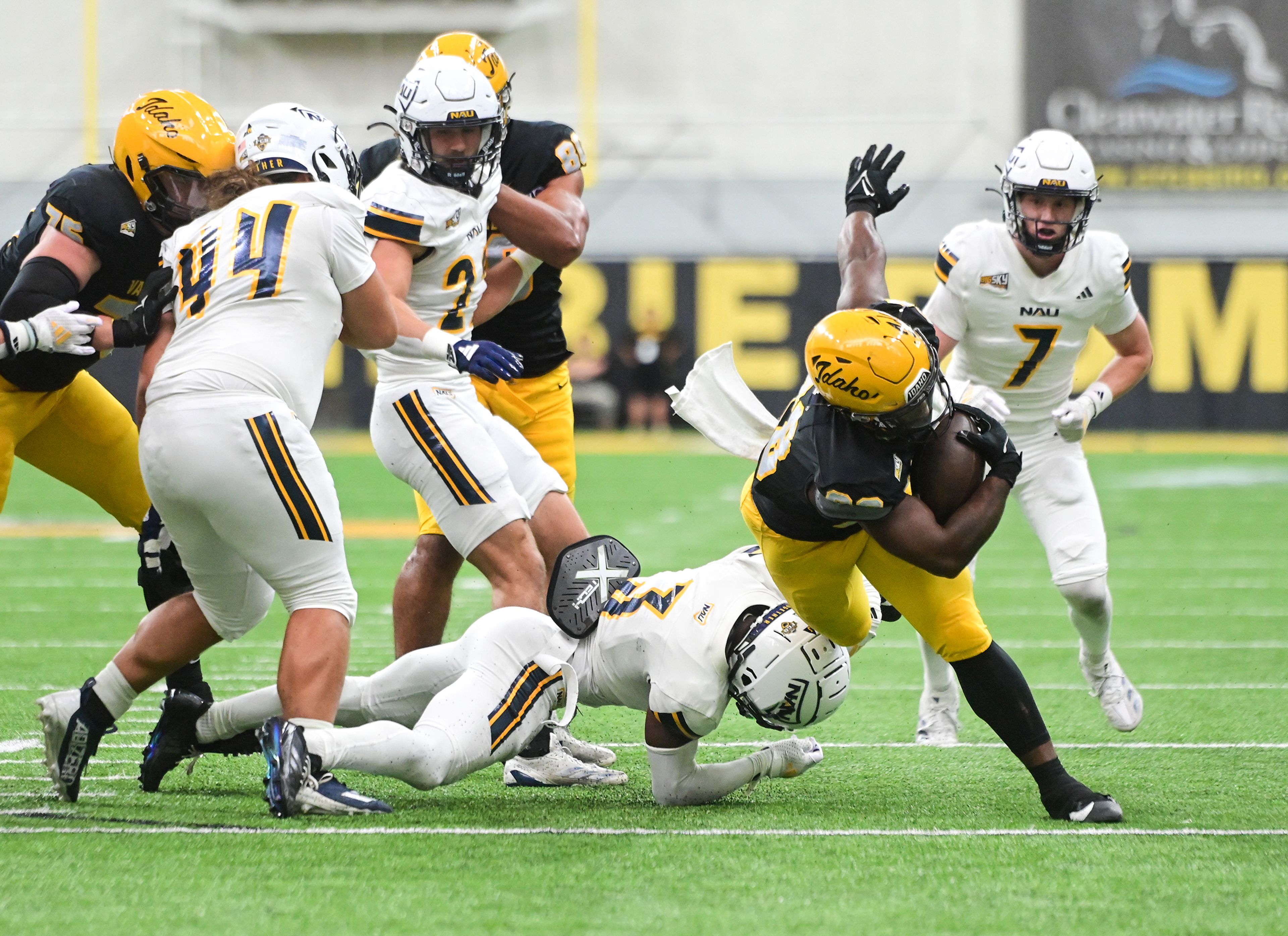 Idaho running back Nate Thomas carries the ball for a first down against Northern Arizona Saturday at the P1FCU Kibbie Dome in Moscow.,