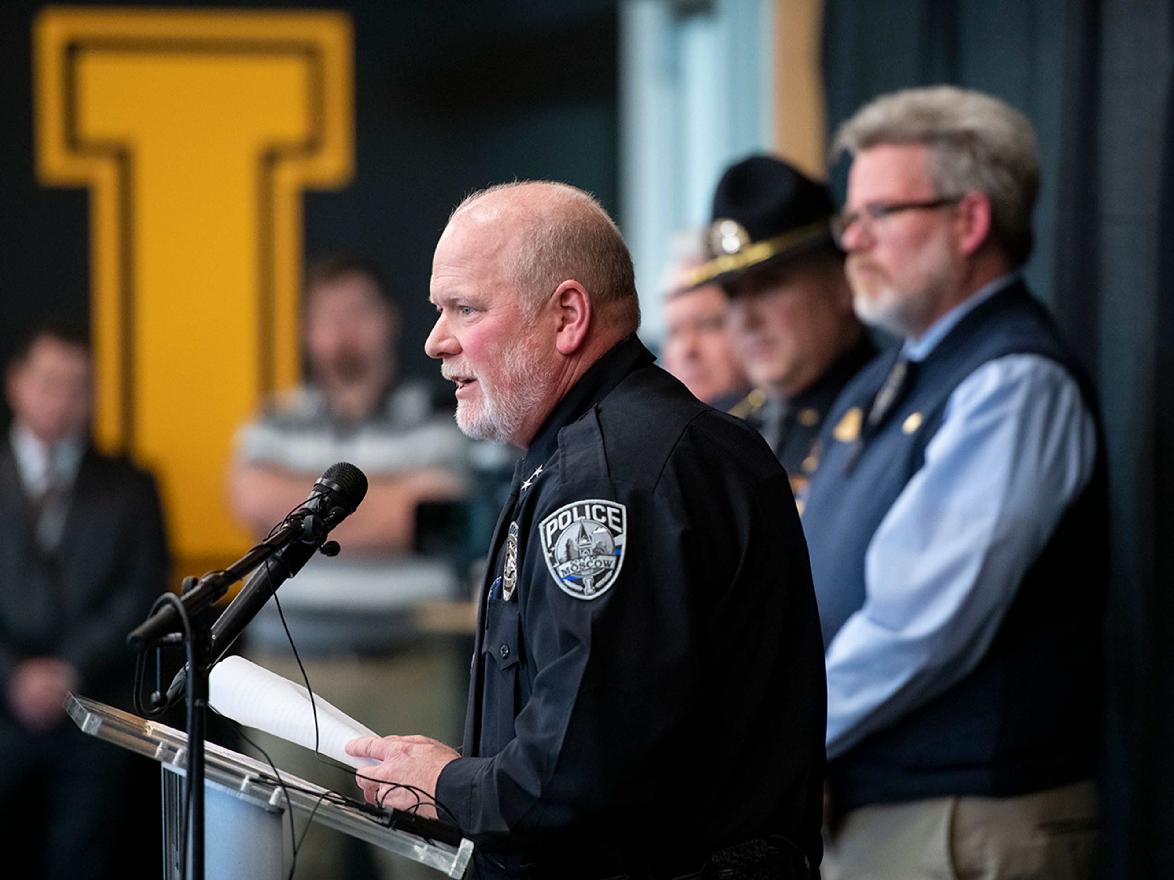 Moscow Chief of Police James Fry speaks at a press conference about a quadruple homicide investigation involving four University of Idaho students at the Idaho Central Credit Union Arena on Wednesday in Moscow.