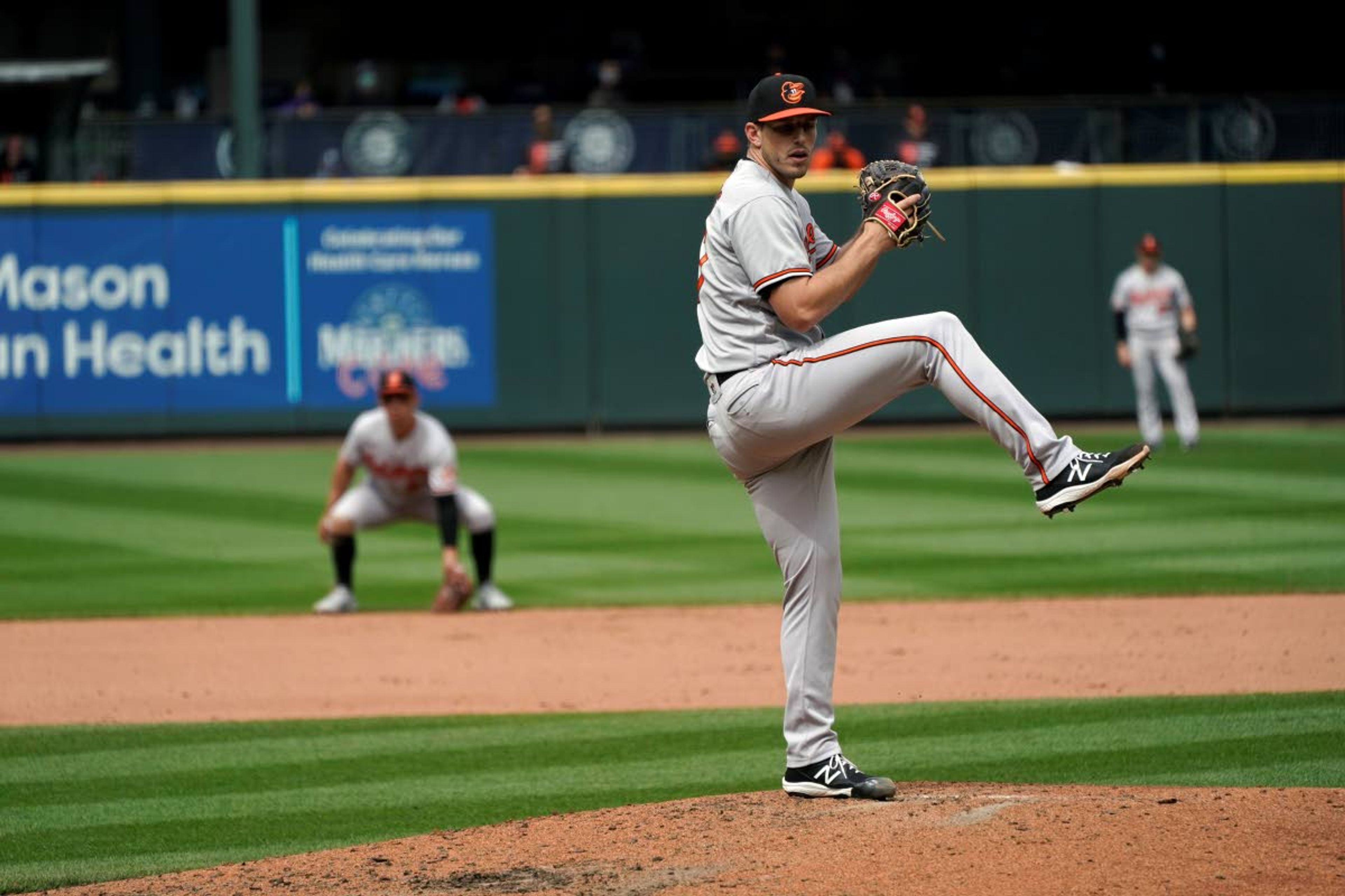 Baltimore Orioles starting pitcher John Means throws against the Seattle Mariners during the eighth inning of a baseball game, Wednesday, May 5, 2021, in Seattle. (AP Photo/Ted S. Warren)